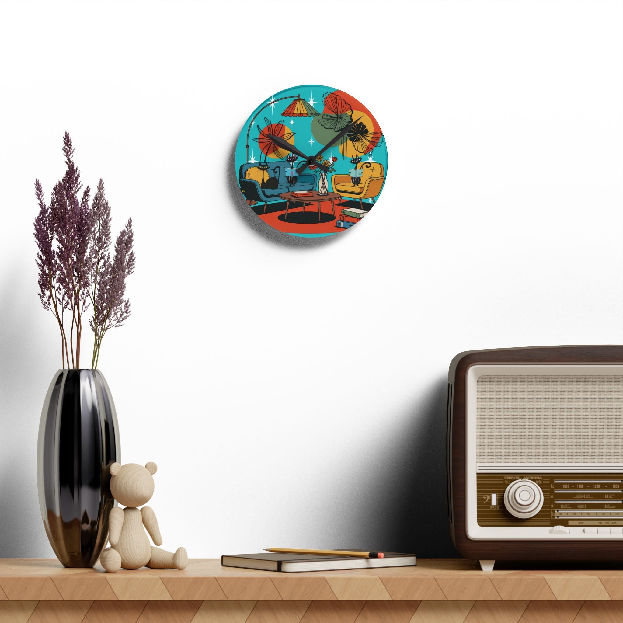Kate McEnroe New York Mod Lounge Atomic Cat Clock, 1950s Retro Book Nook Wall Accent, MCM Starburst Floral DecorWall Clocks15899041764349184307