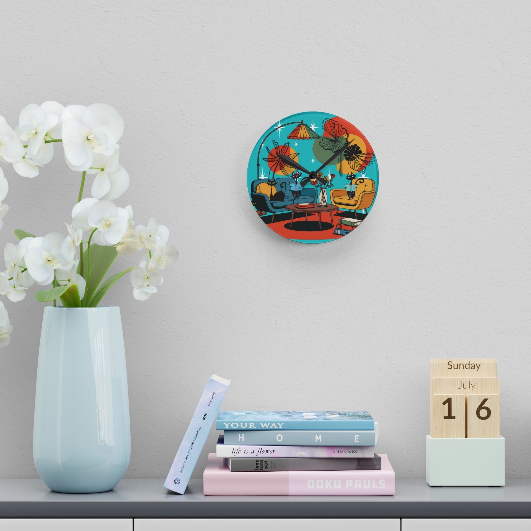 Kate McEnroe New York Mod Lounge Atomic Cat Clock, 1950s Retro Book Nook Wall Accent, MCM Starburst Floral DecorWall Clocks15899041764349184307