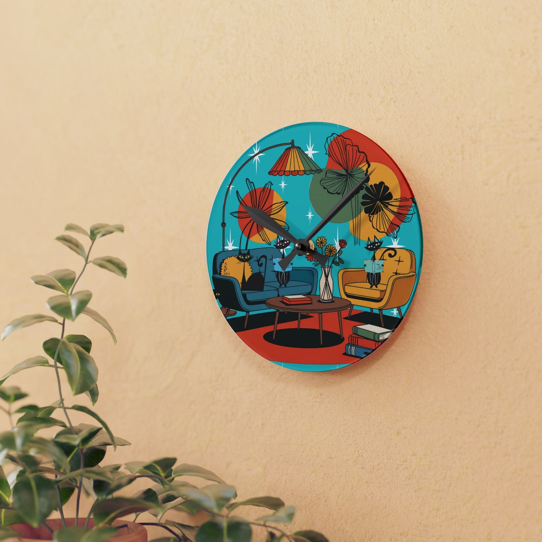 Kate McEnroe New York Mod Lounge Atomic Cat Clock, 1950s Retro Book Nook Wall Accent, MCM Starburst Floral DecorWall Clocks15899041764349184307