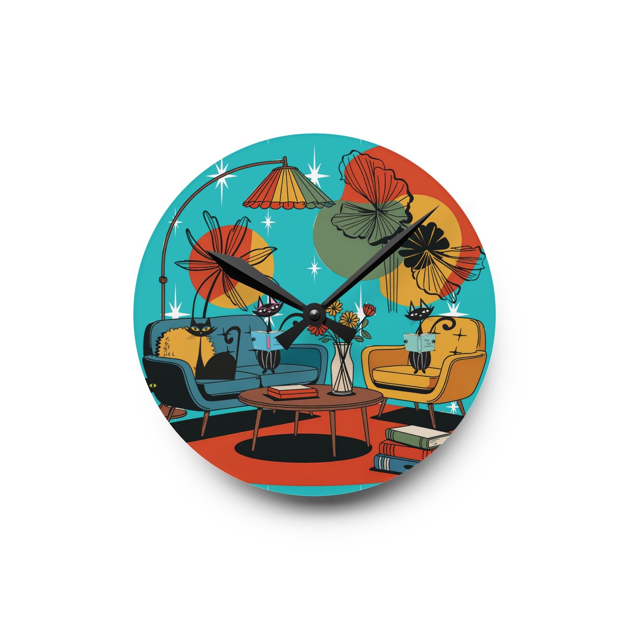 Kate McEnroe New York Mod Lounge Atomic Cat Clock, 1950s Retro Book Nook Wall Accent, MCM Starburst Floral DecorWall Clocks27484142143564938735