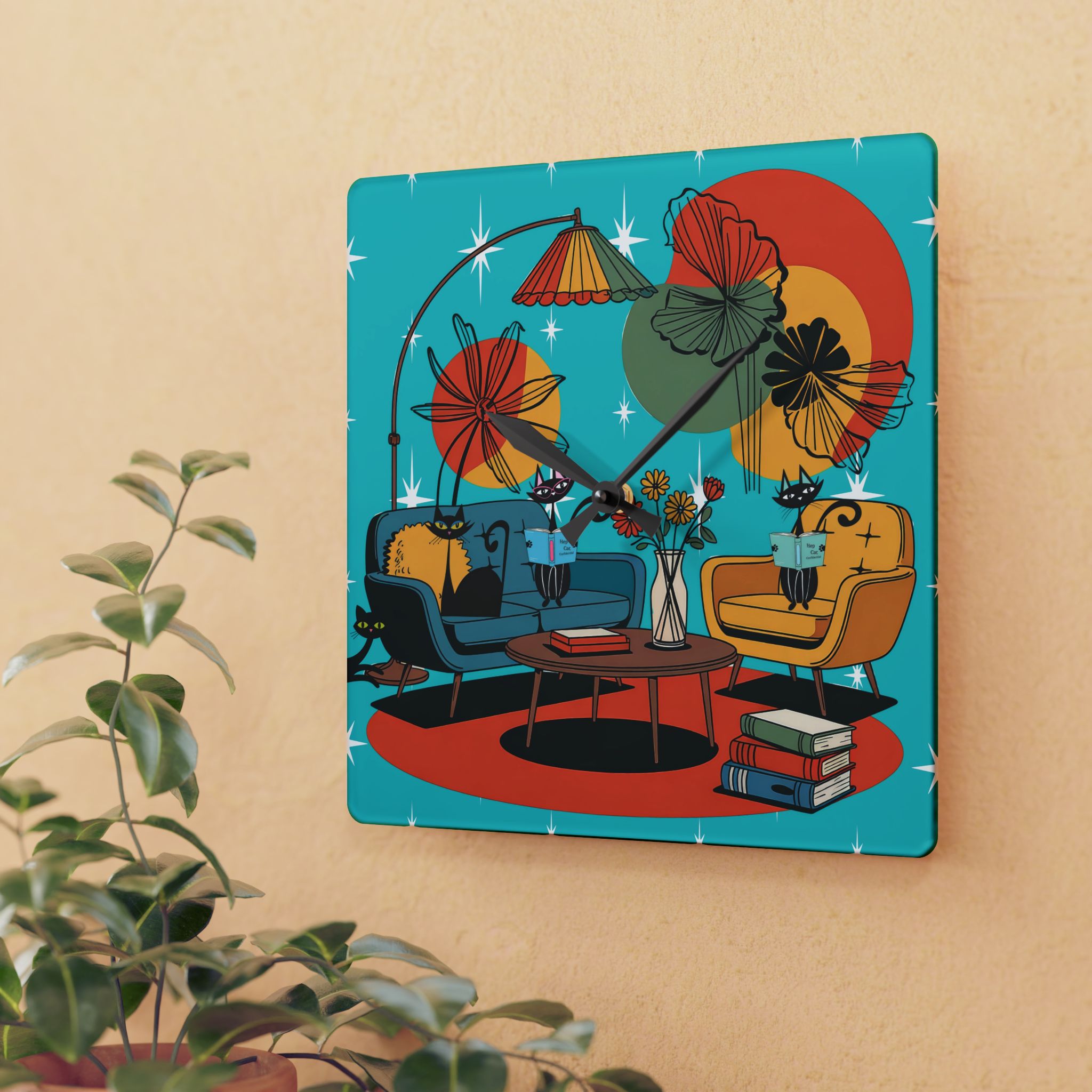 Kate McEnroe New York Mod Lounge Atomic Cat Clock, 1950s Retro Book Nook Wall Accent, MCM Starburst Floral DecorWall Clocks79304679251579493141