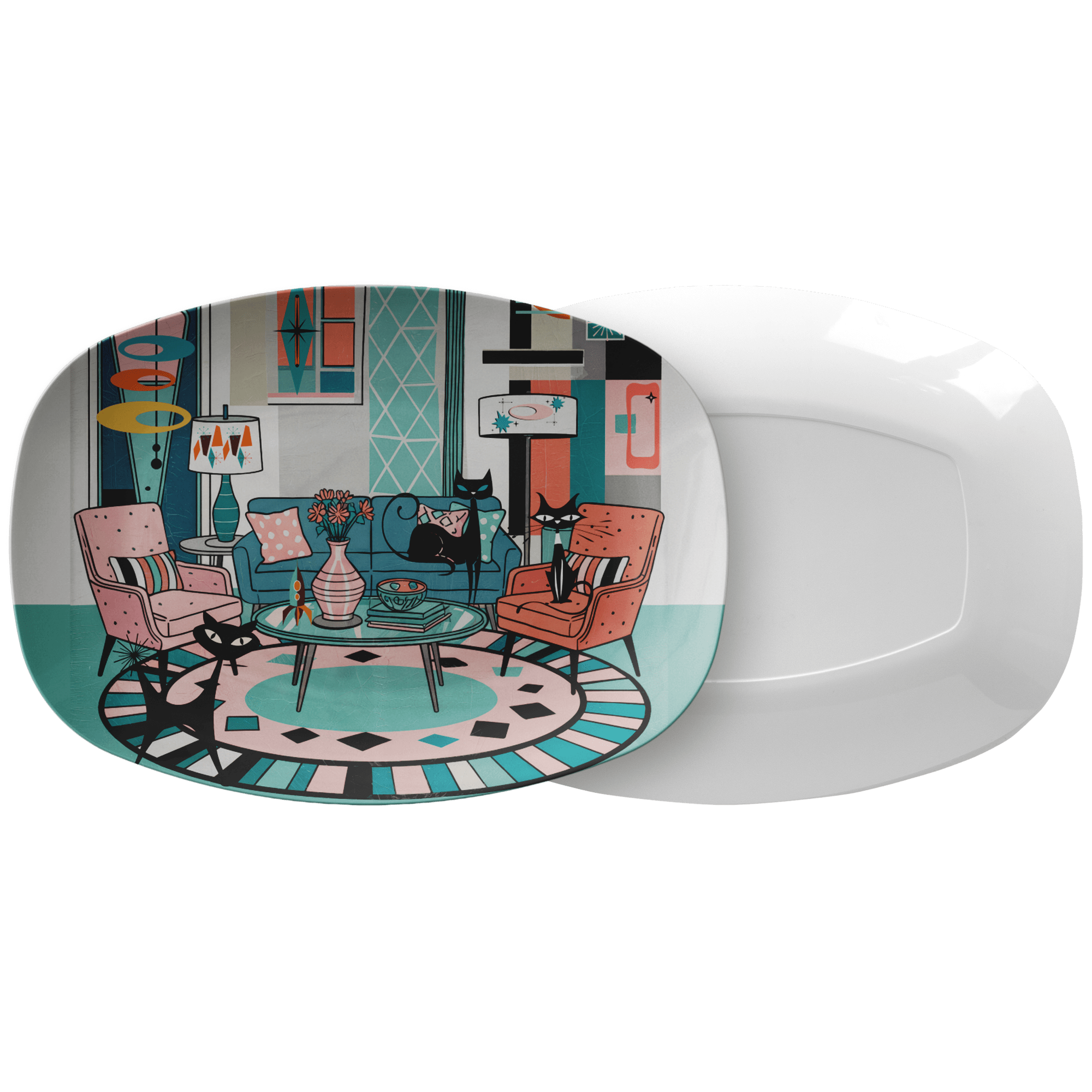 Kate McEnroe New York Mod Lounge Atomic Cat Platter, Retro Mid Century Modern Kitsch Dinnerware, 50s Sputnik Table TrayServing PlattersP22CATDEN