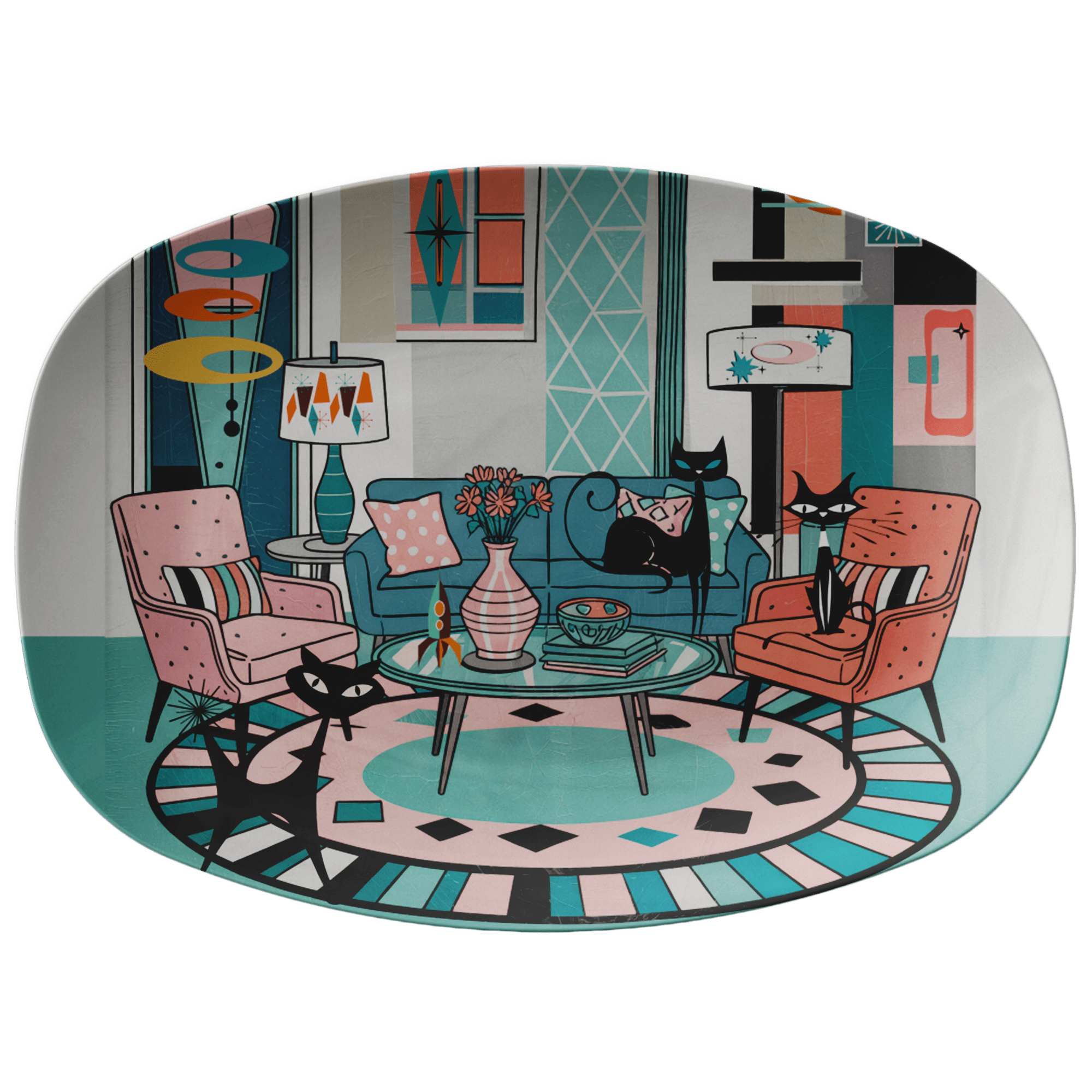 Kate McEnroe New York Mod Lounge Atomic Cat Platter, Retro Mid Century Modern Kitsch Dinnerware, 50s Sputnik Table TrayServing PlattersP22CATDEN