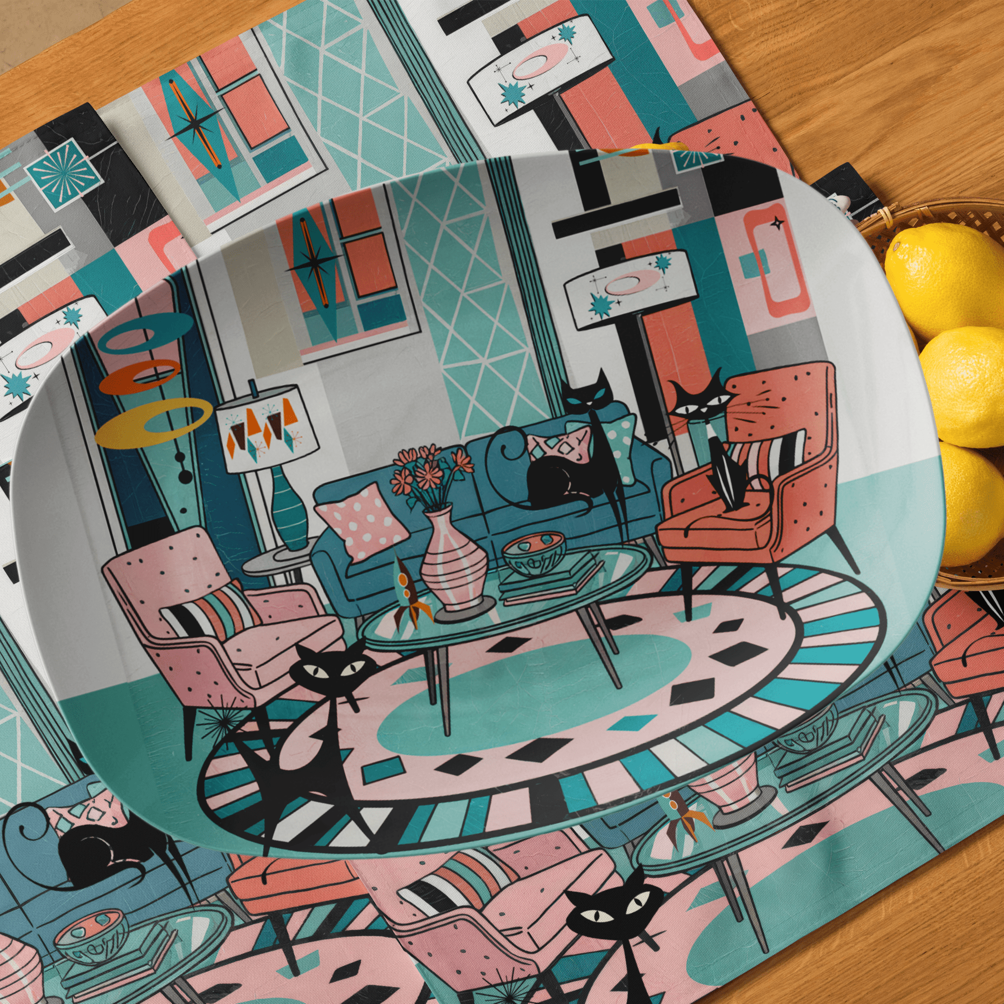 Kate McEnroe New York Mod Lounge Atomic Cat Platter, Retro Mid Century Modern Kitsch Dinnerware, 50s Sputnik Table TrayServing PlattersP22CATDEN