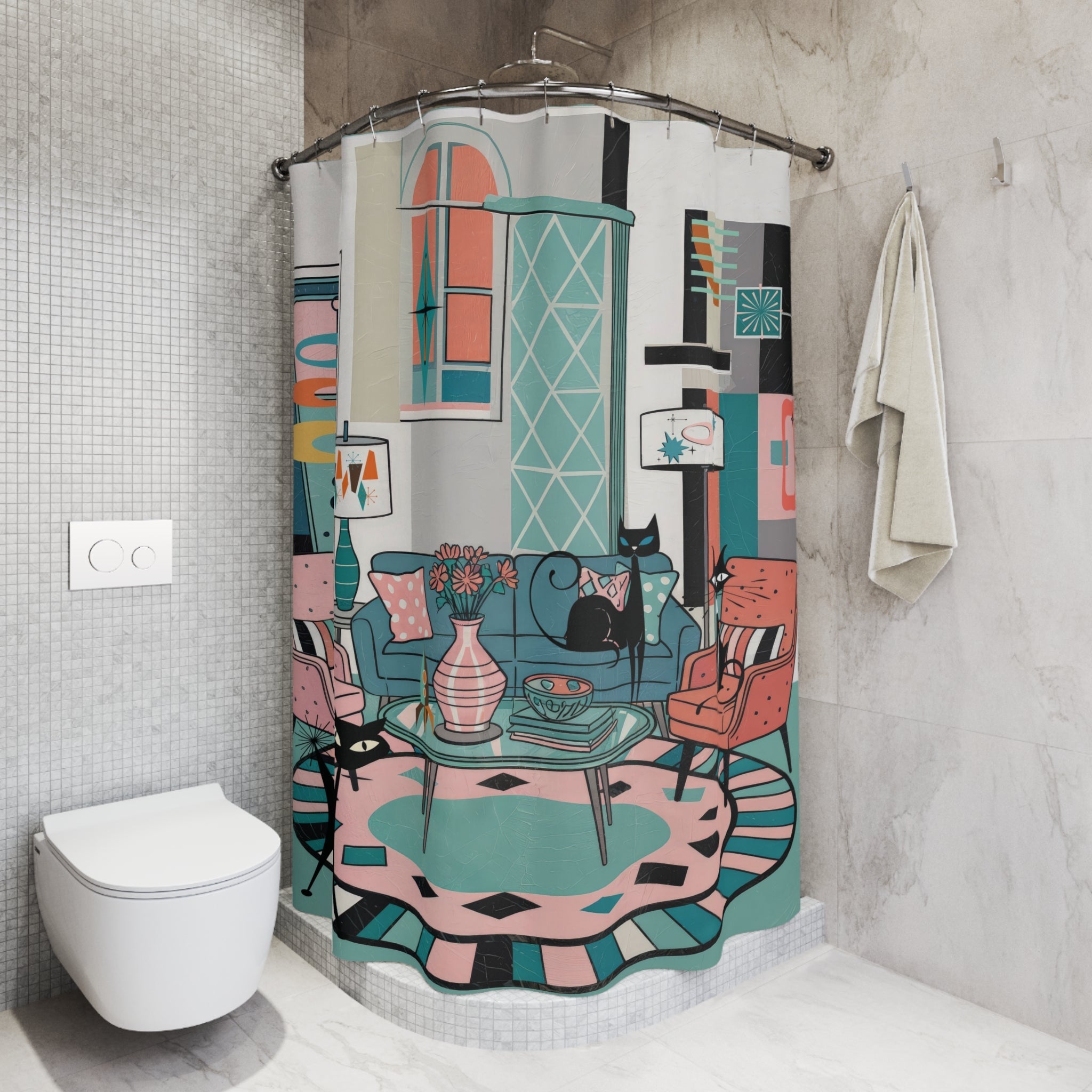 Kate McEnroe New York Mod Lounge Atomic Cat Shower Curtain, Mid Century Modern Retro Bathroom Panel, 50s Kitsch Cat DecorShower Curtains70205880000696286556