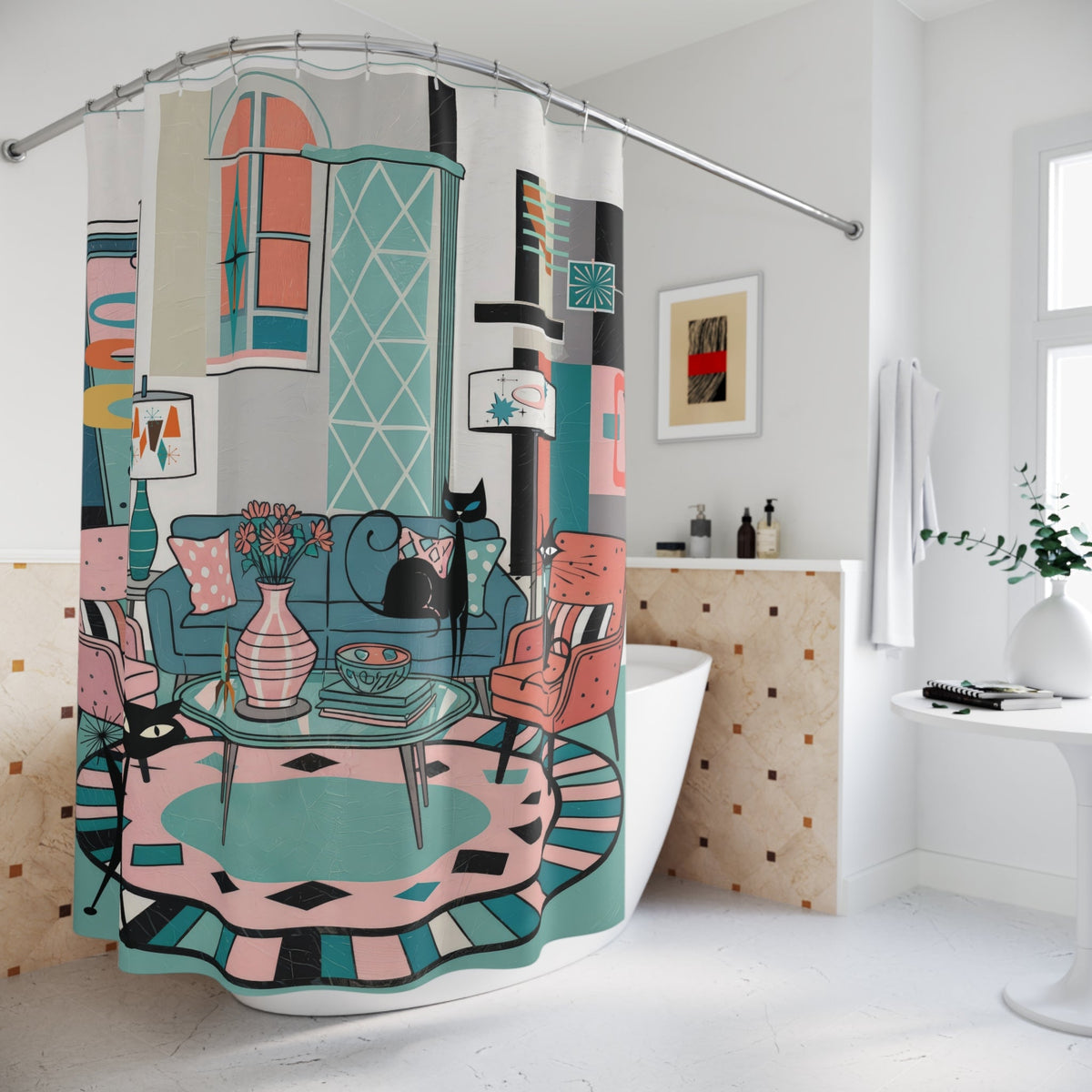Kate McEnroe New York Mod Lounge Atomic Cat Shower Curtain, Mid Century Modern Retro Bathroom Panel, 50s Kitsch Cat DecorShower Curtains70205880000696286556