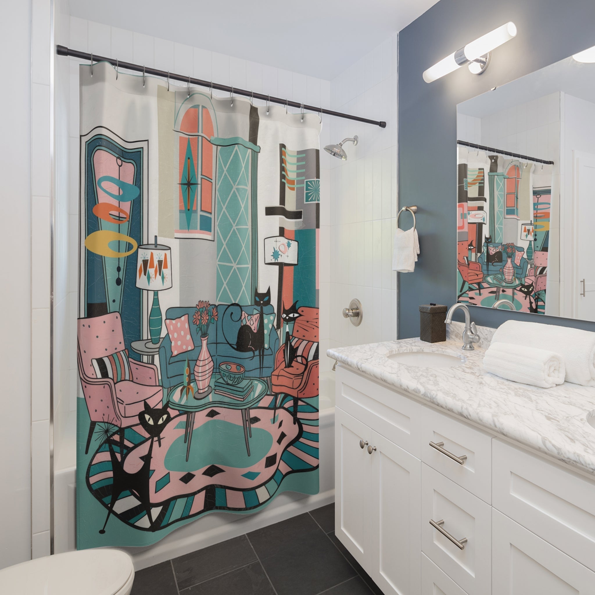 Kate McEnroe New York Mod Lounge Atomic Cat Shower Curtain, Mid Century Modern Retro Bathroom Panel, 50s Kitsch Cat DecorShower Curtains70205880000696286556
