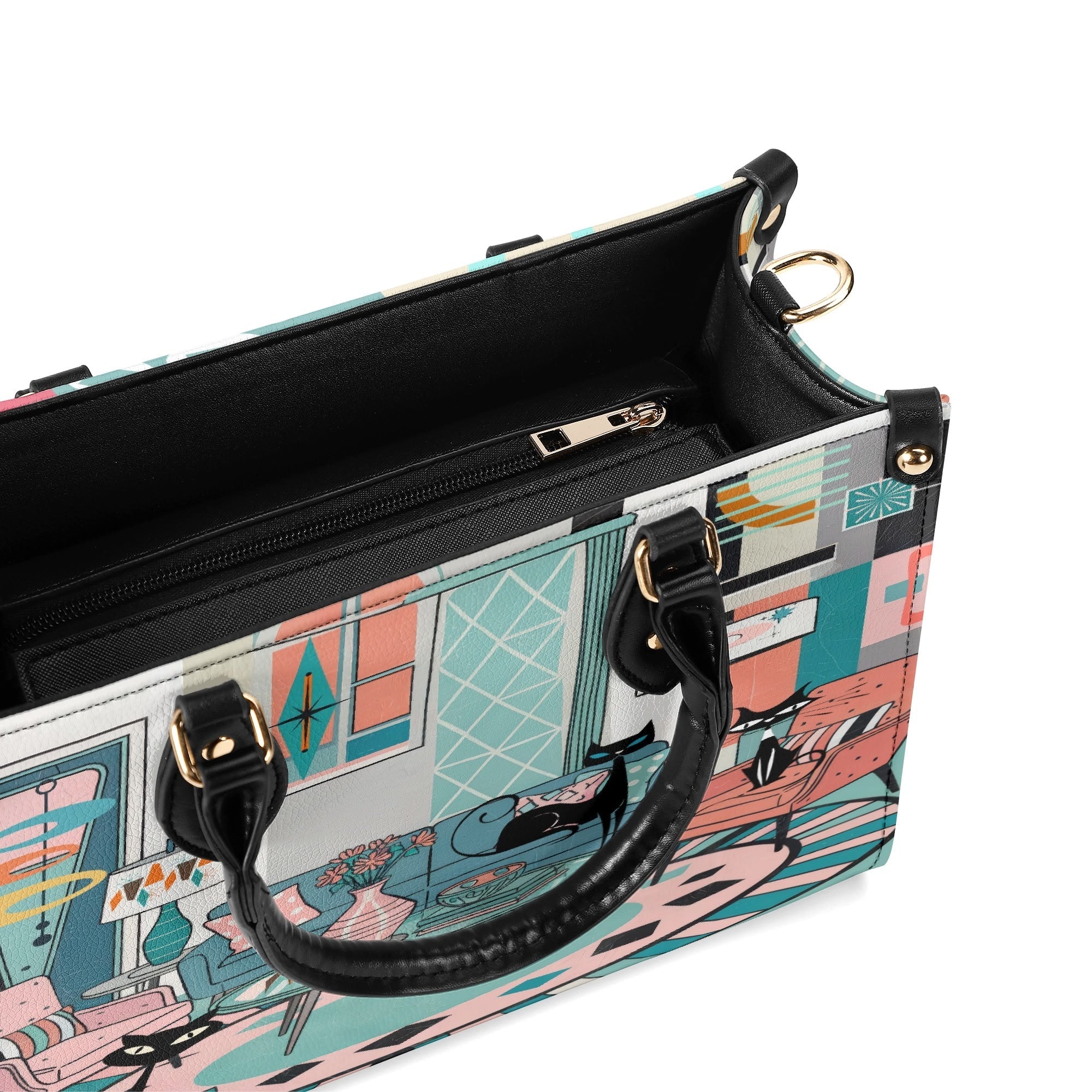 Kate McEnroe New York Mod Lounge Atomic Kitsch Cat Satchel, Retro Mid Century Modern Sputnik HandbagHandbagsYP63800N - 1