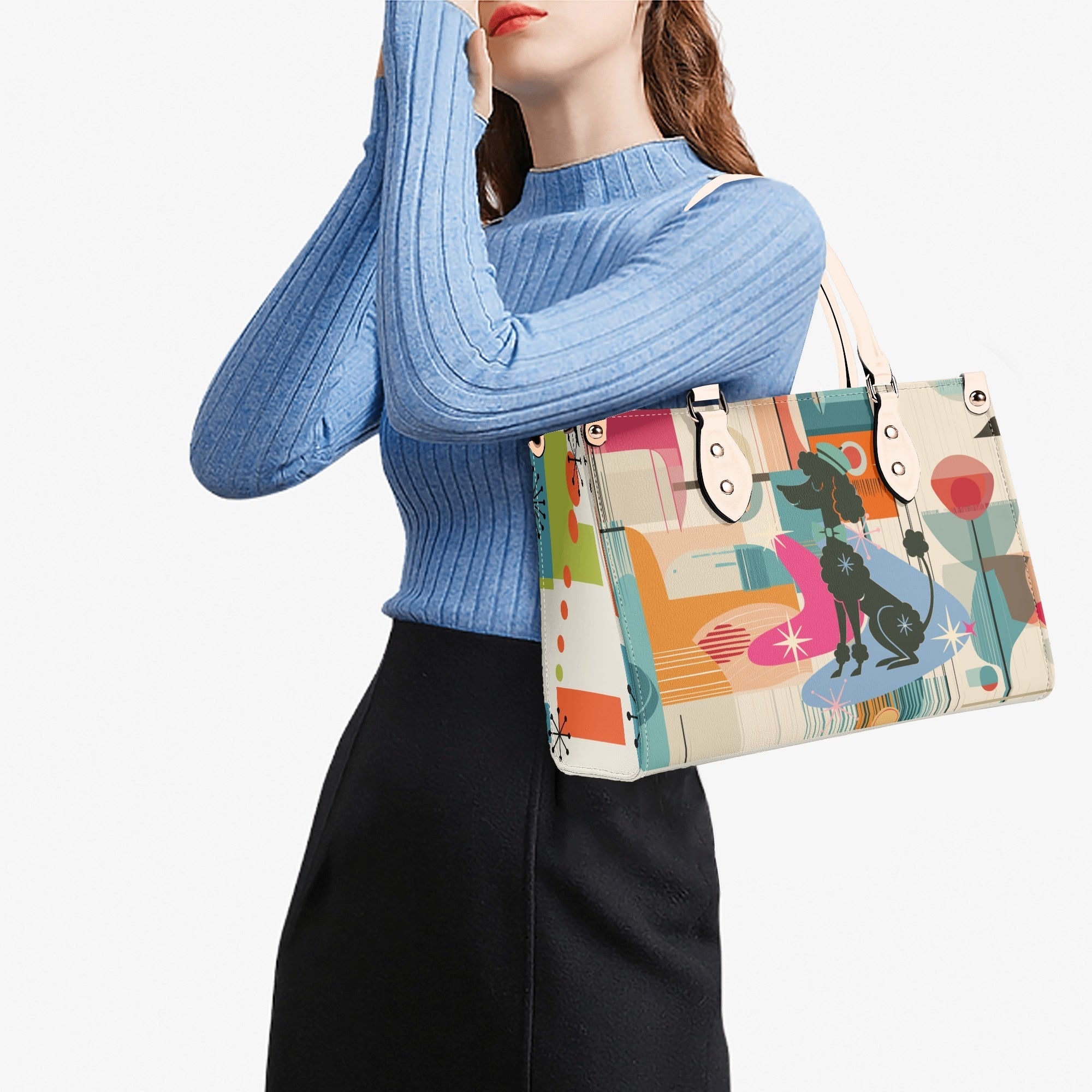 Kate McEnroe New York Mod Poodle Mid Century Modern Handbag, Retro Geometric Starburst Satchel, 50s Kitsch Atomic Shoulder BagHandbagsN4MX86GW - 1