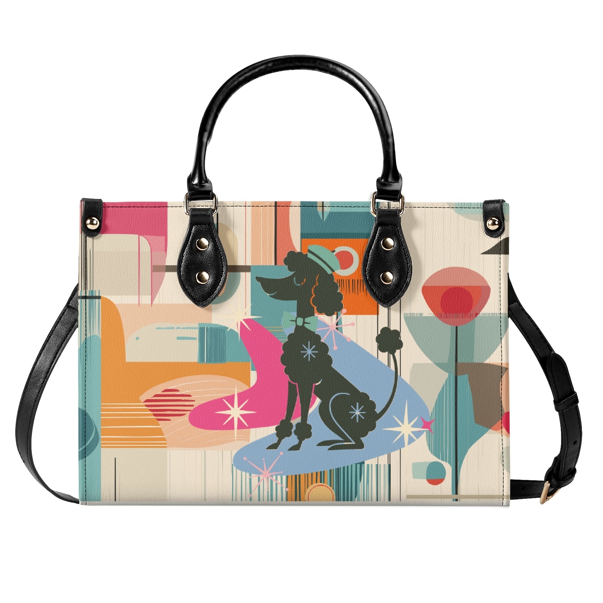 Kate McEnroe New York Mod Poodle Mid Century Modern Handbag, Retro Geometric Starburst Satchel, 50s Kitsch Atomic Shoulder BagHandbagsN4MX86GW - 1