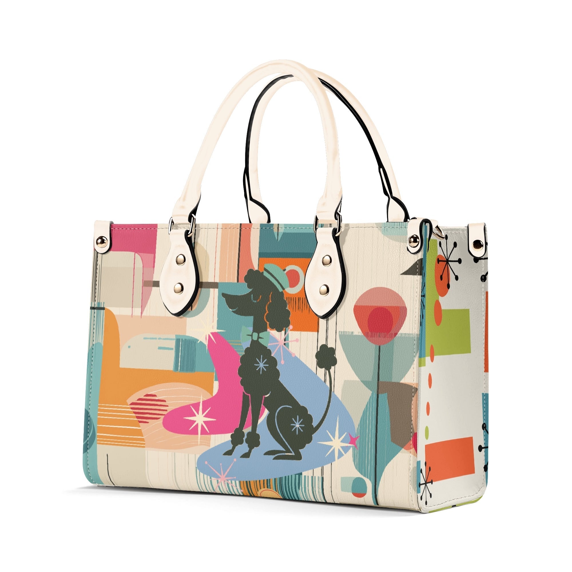 Kate McEnroe New York Mod Poodle Mid Century Modern Handbag, Retro Geometric Starburst Satchel, 50s Kitsch Atomic Shoulder BagHandbagsN4MX86GW - 1