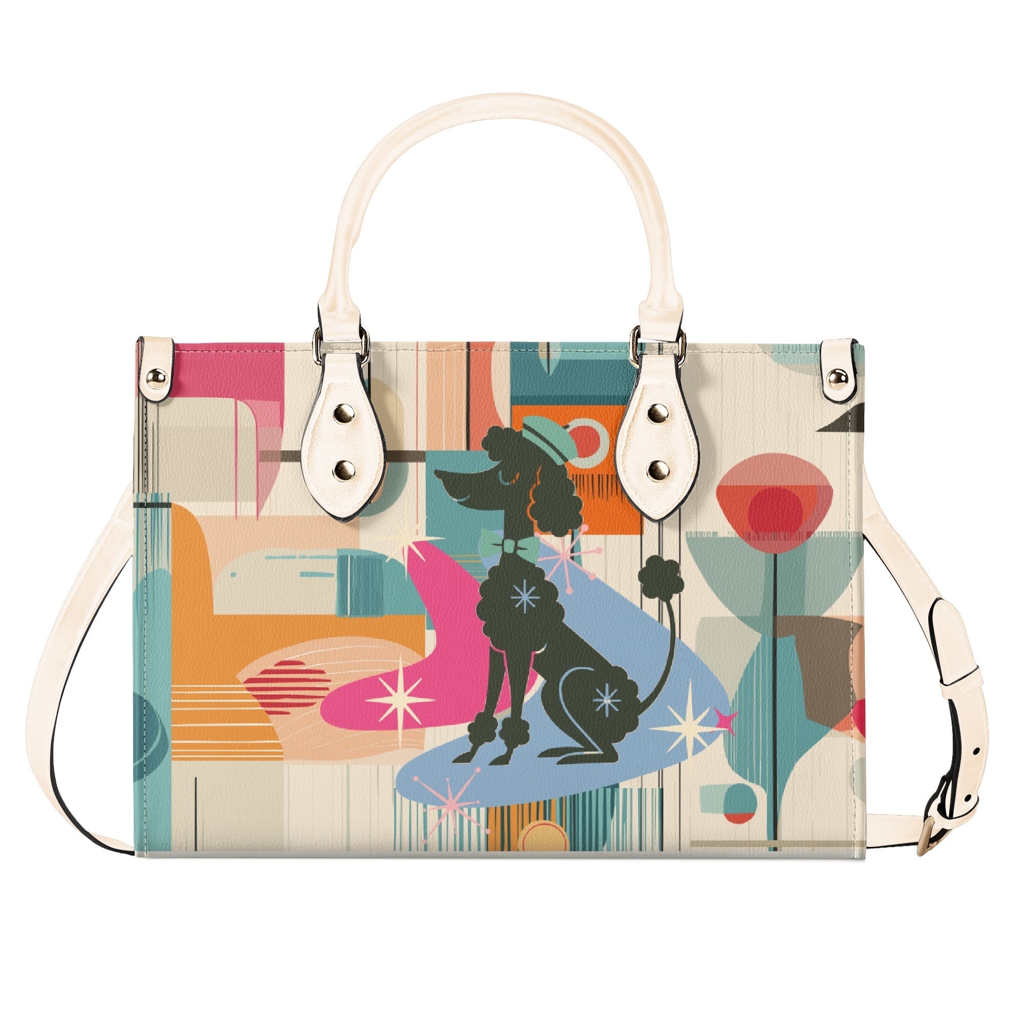 Kate McEnroe New York Mod Poodle Mid Century Modern Handbag, Retro Geometric Starburst Satchel, 50s Kitsch Atomic Shoulder BagHandbagsN4MX86GW - 1