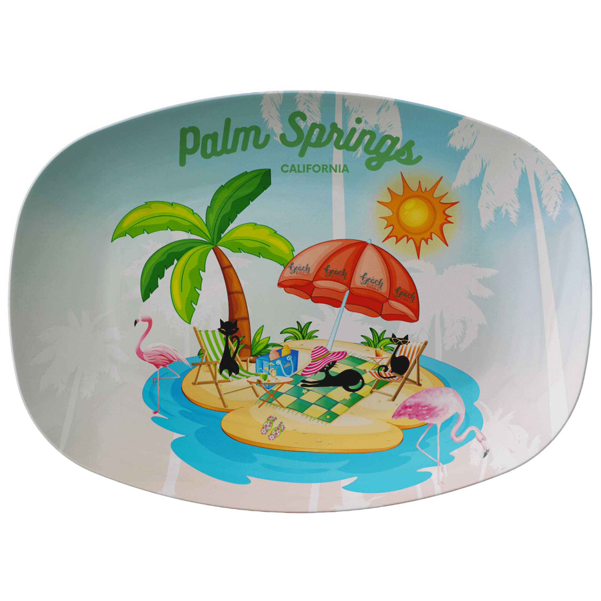 Kate McEnroe New York Palm Springs Atomic Cat Beach Platter, Retro California Flamingo Dish, Mid Century Modern Summer Island Picnic TrayServing Platters9727