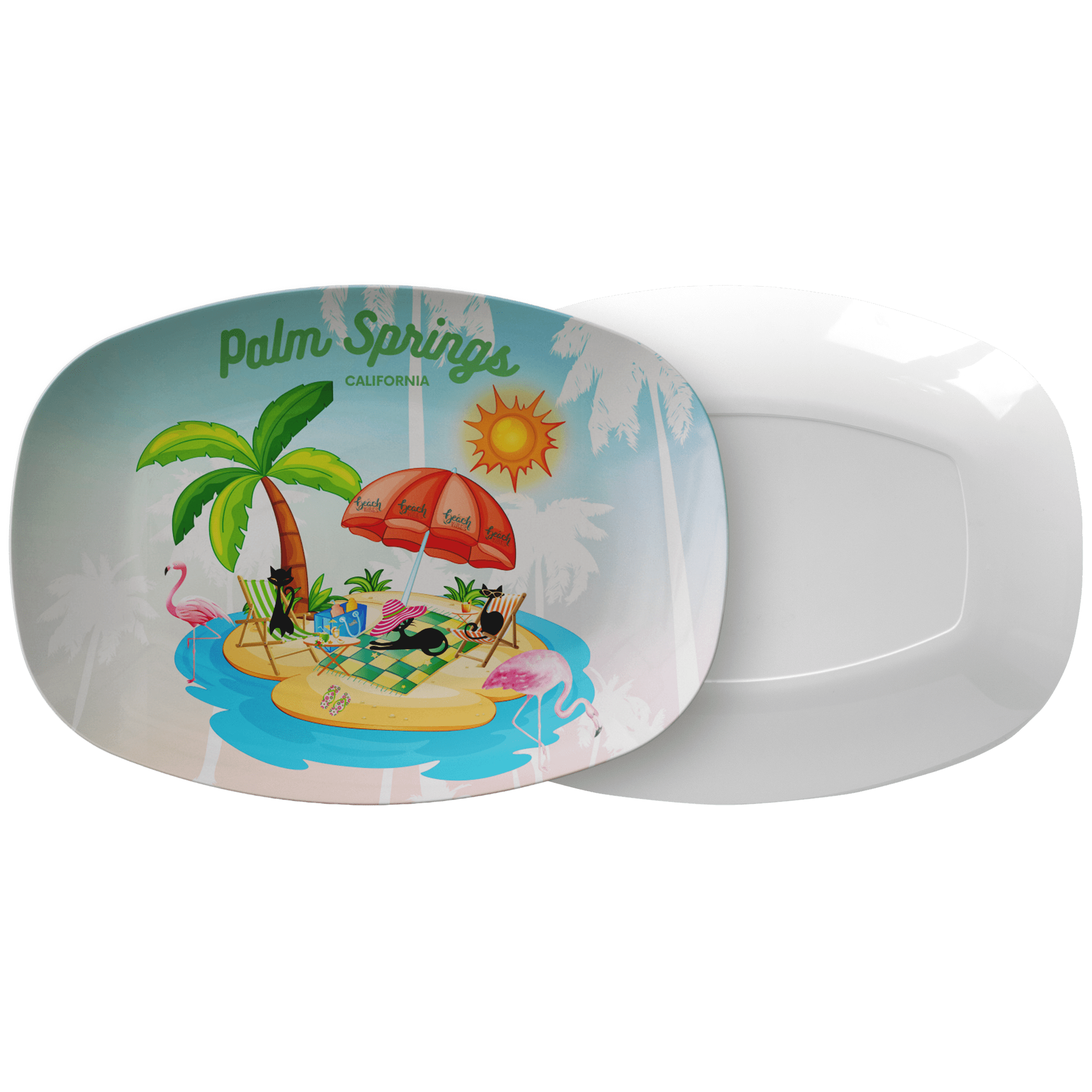 Kate McEnroe New York Palm Springs Atomic Cat Beach Platter, Retro California Flamingo Dish, Mid Century Modern Summer Island Picnic TrayServing Platters9727