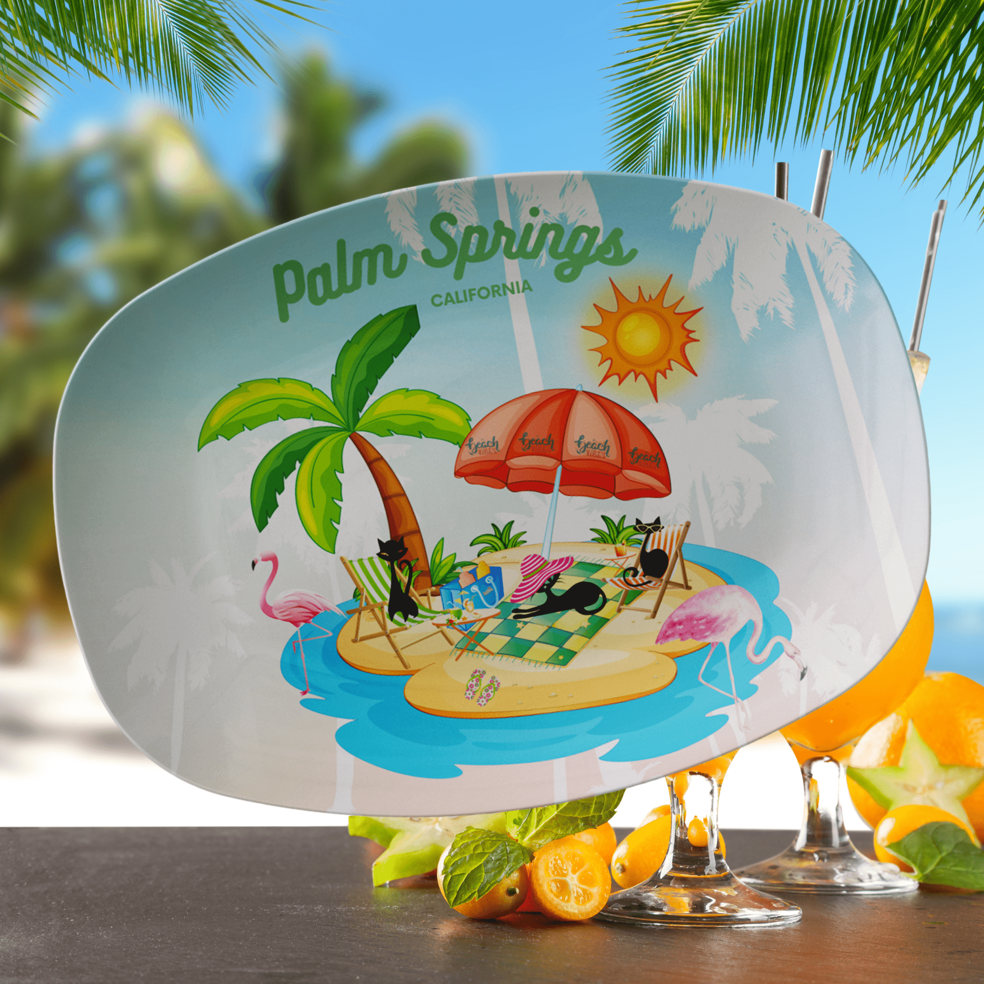 Kate McEnroe New York Palm Springs Atomic Cat Beach Platter, Retro California Flamingo Dish, Mid Century Modern Summer Island Picnic TrayServing Platters9727