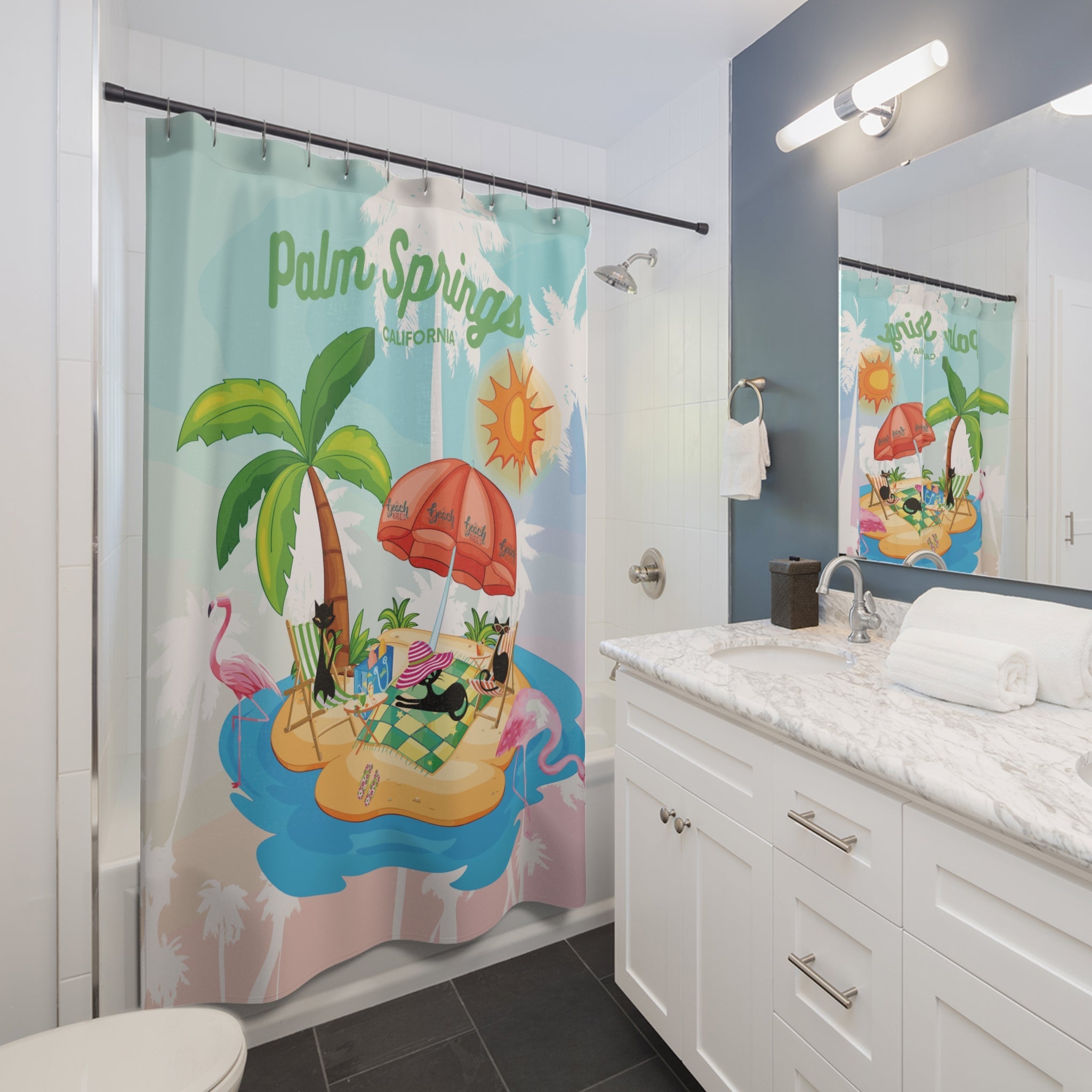 Kate McEnroe New York Palm Springs Atomic Cat Shower Curtain, Retro Beach Bathroom Decor, Mid Century Modern Flamingo Island Summer VibeShower Curtains60843073666539716183
