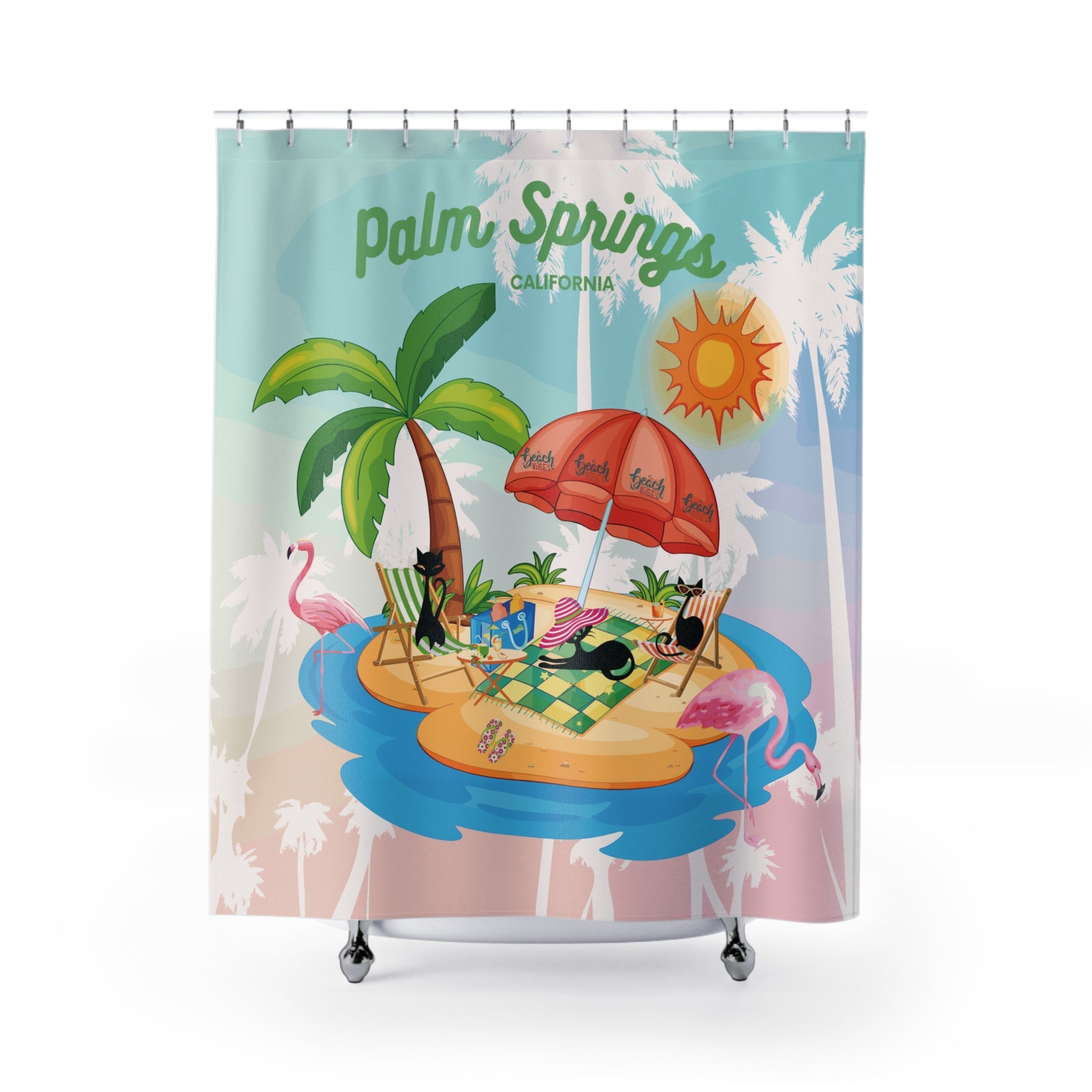 Kate McEnroe New York Palm Springs Atomic Cat Shower Curtain, Retro Beach Bathroom Decor, Mid Century Modern Flamingo Island Summer VibeShower Curtains60843073666539716183
