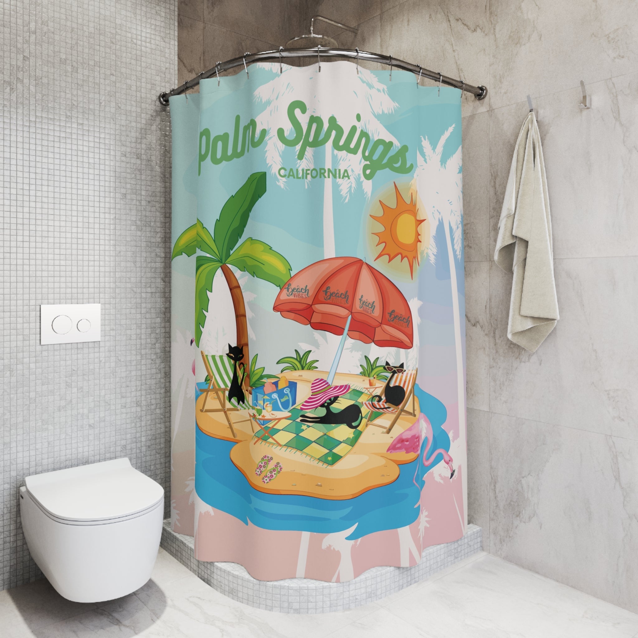 Kate McEnroe New York Palm Springs Atomic Cat Shower Curtain, Retro Beach Bathroom Decor, Mid Century Modern Flamingo Island Summer VibeShower Curtains60843073666539716183