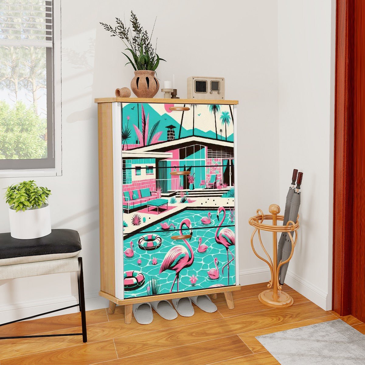 Kate McEnroe New York Palm Springs California Flamingo Design Shoe Cabinet, Mid Century Modern Kitsch Entryway StorageShoe StorageESdliG07j2