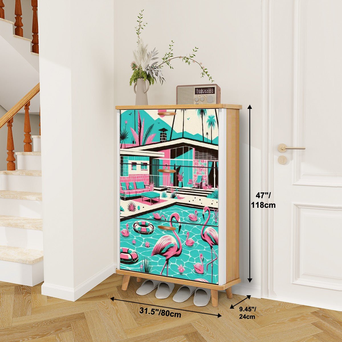 Kate McEnroe New York Palm Springs California Flamingo Design Shoe Cabinet, Mid Century Modern Kitsch Entryway StorageShoe StorageESdliG07j2