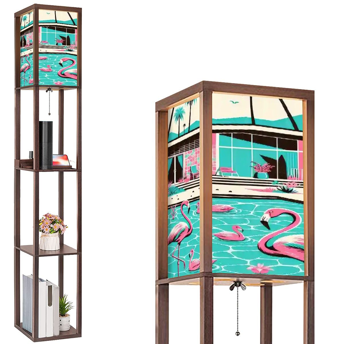 Kate McEnroe New York Palm Springs California Flamingo Floor Lamp with Shelf, Mid Century Modern Tropical Retro LightShelf LightinghR2LJnbNwe