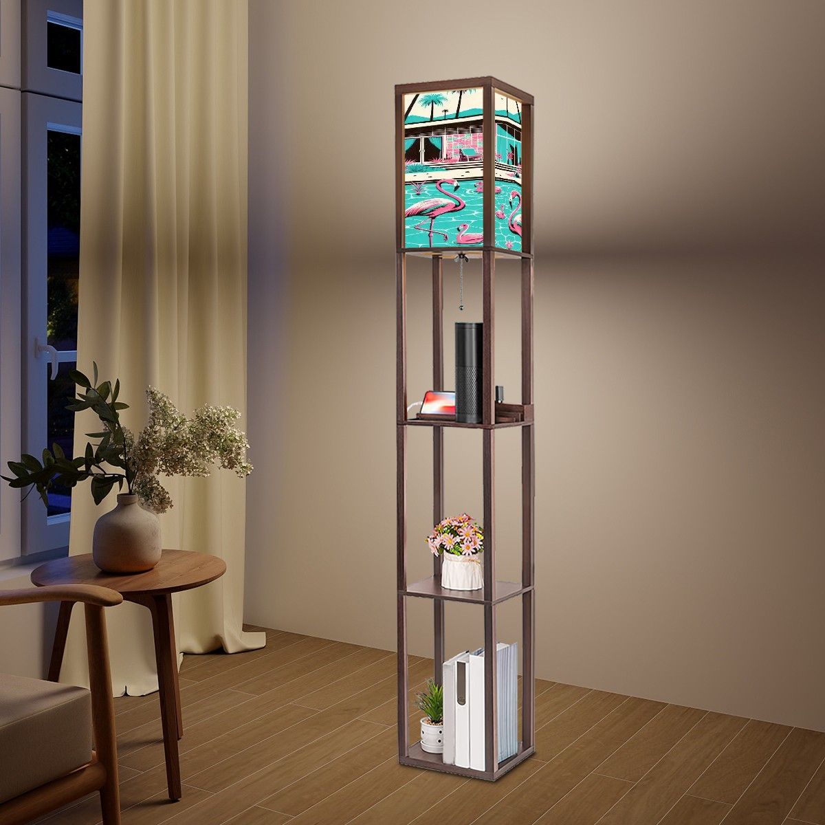 Kate McEnroe New York Palm Springs California Flamingo Floor Lamp with Shelf, Mid Century Modern Tropical Retro LightShelf LightingZbdd3mDoZi