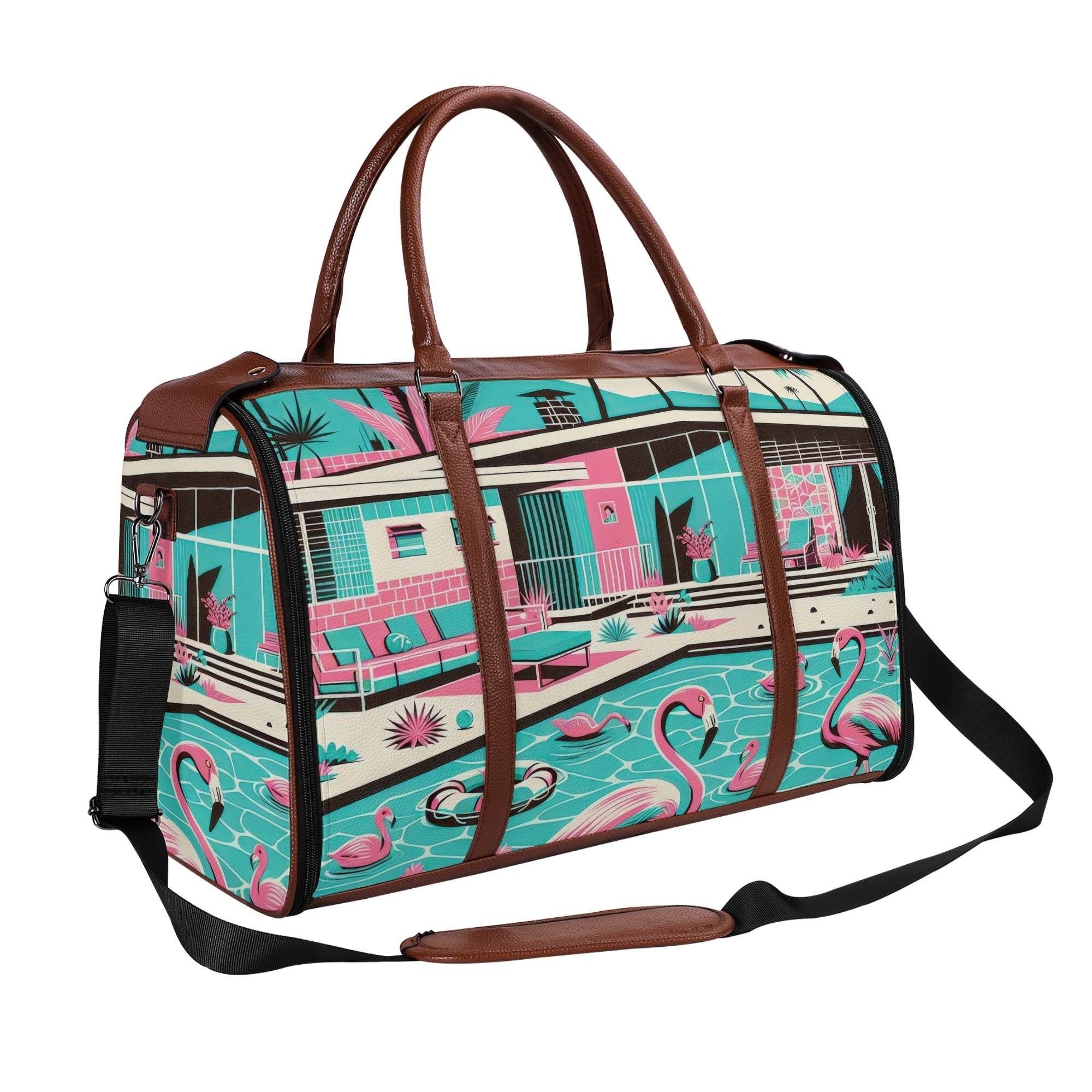 Kate McEnroe New York Palm Springs Flamingo Mid Century Modern Duffel Bag, Retro Poolside Travel WeekenderDuffel BagsWLXVX8LW - 1