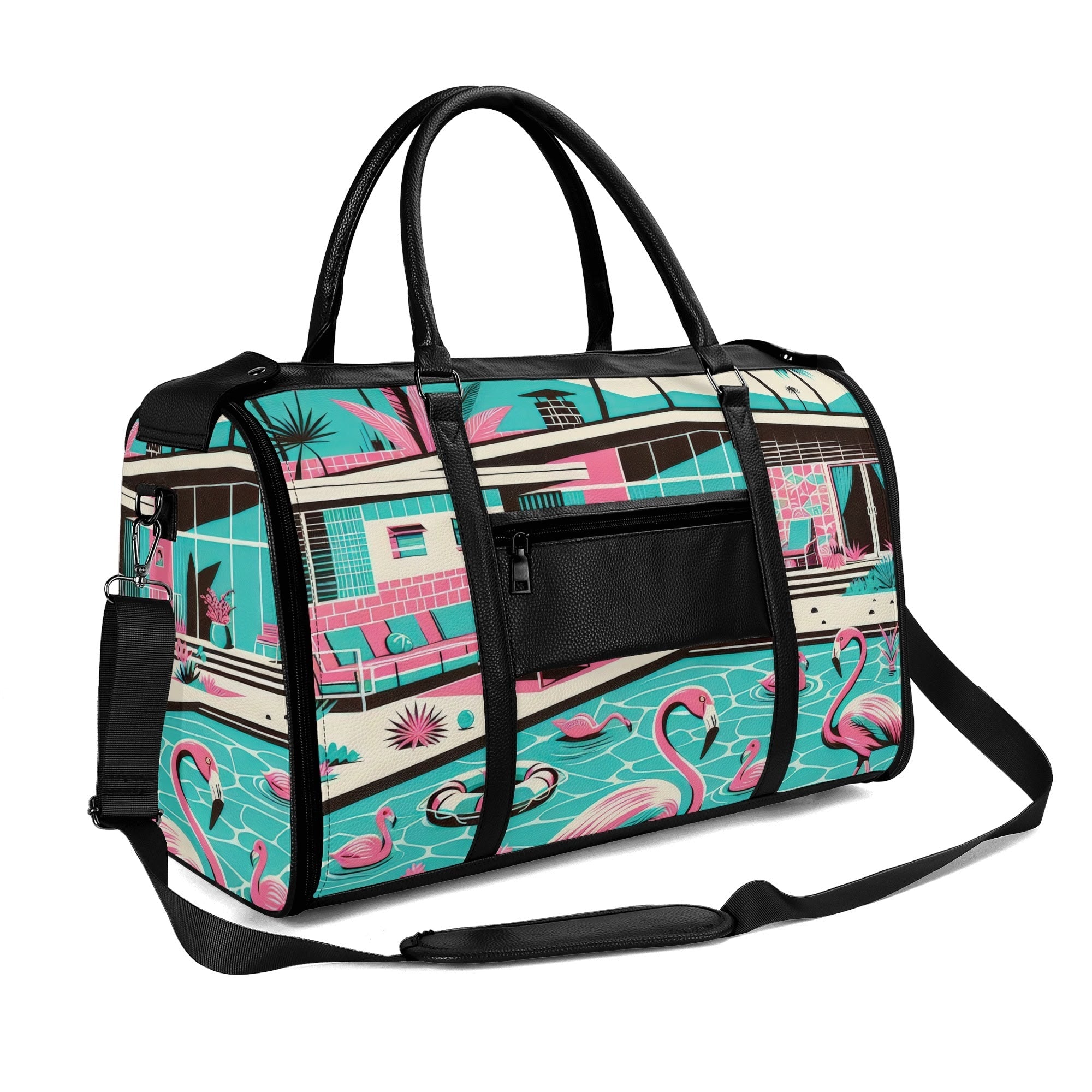 Kate McEnroe New York Palm Springs Flamingo Mid Century Modern Duffel Bag, Retro Poolside Travel WeekenderDuffel BagsWLXVX8LW - 2