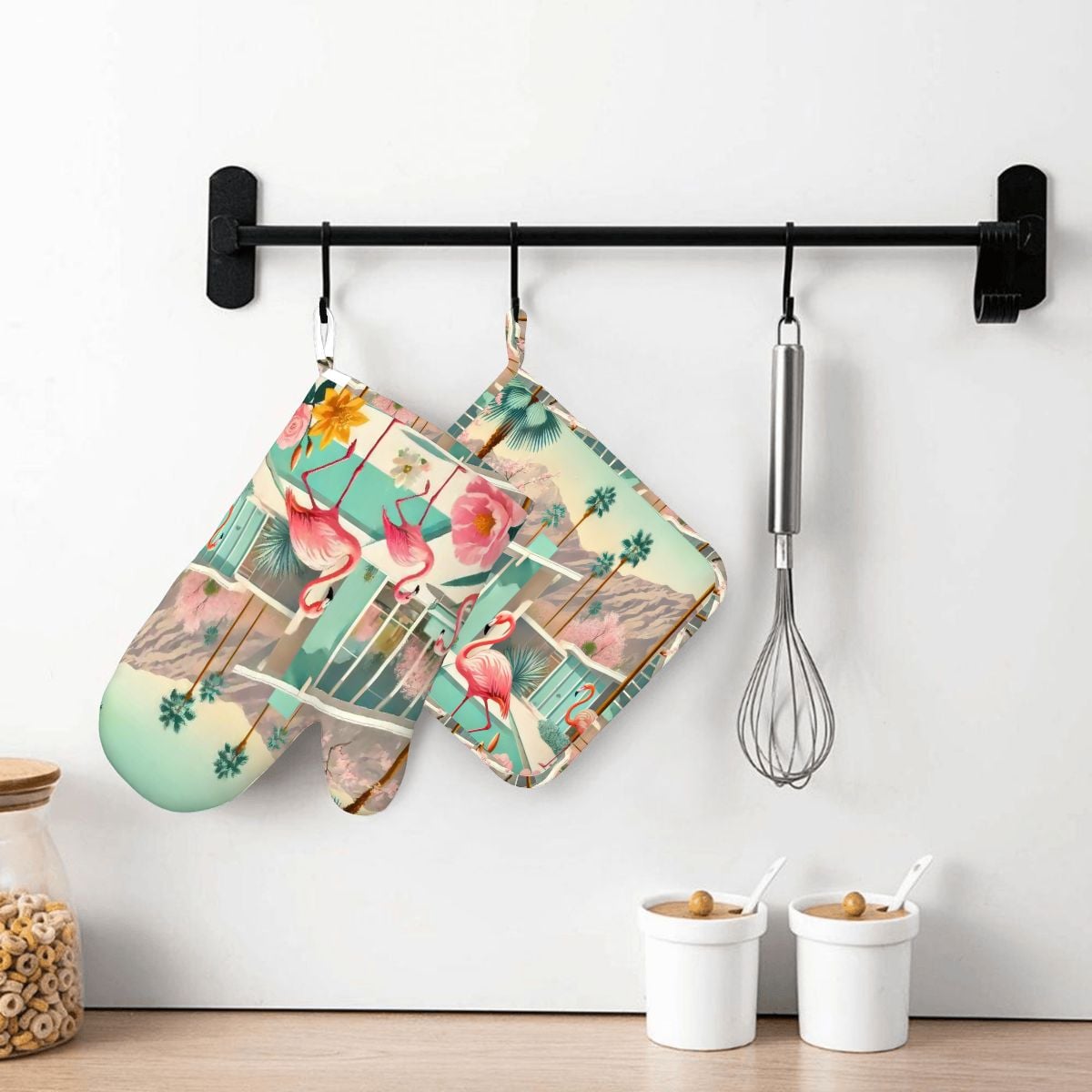Kate McEnroe New York Palm Springs Flamingo Tropical Mid Century Modern Oven Mitts and Pot Holders SetsOven Mitts & Pot Holder SetkdTbqf3tmN