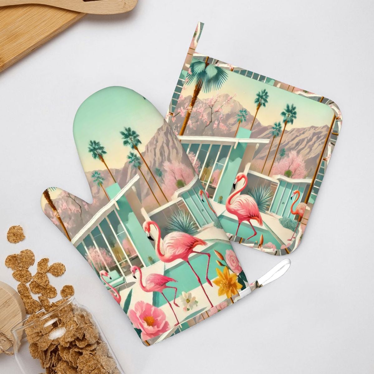 Kate McEnroe New York Palm Springs Flamingo Tropical Mid Century Modern Oven Mitts and Pot Holders SetsOven Mitts & Pot Holder SetkdTbqf3tmN