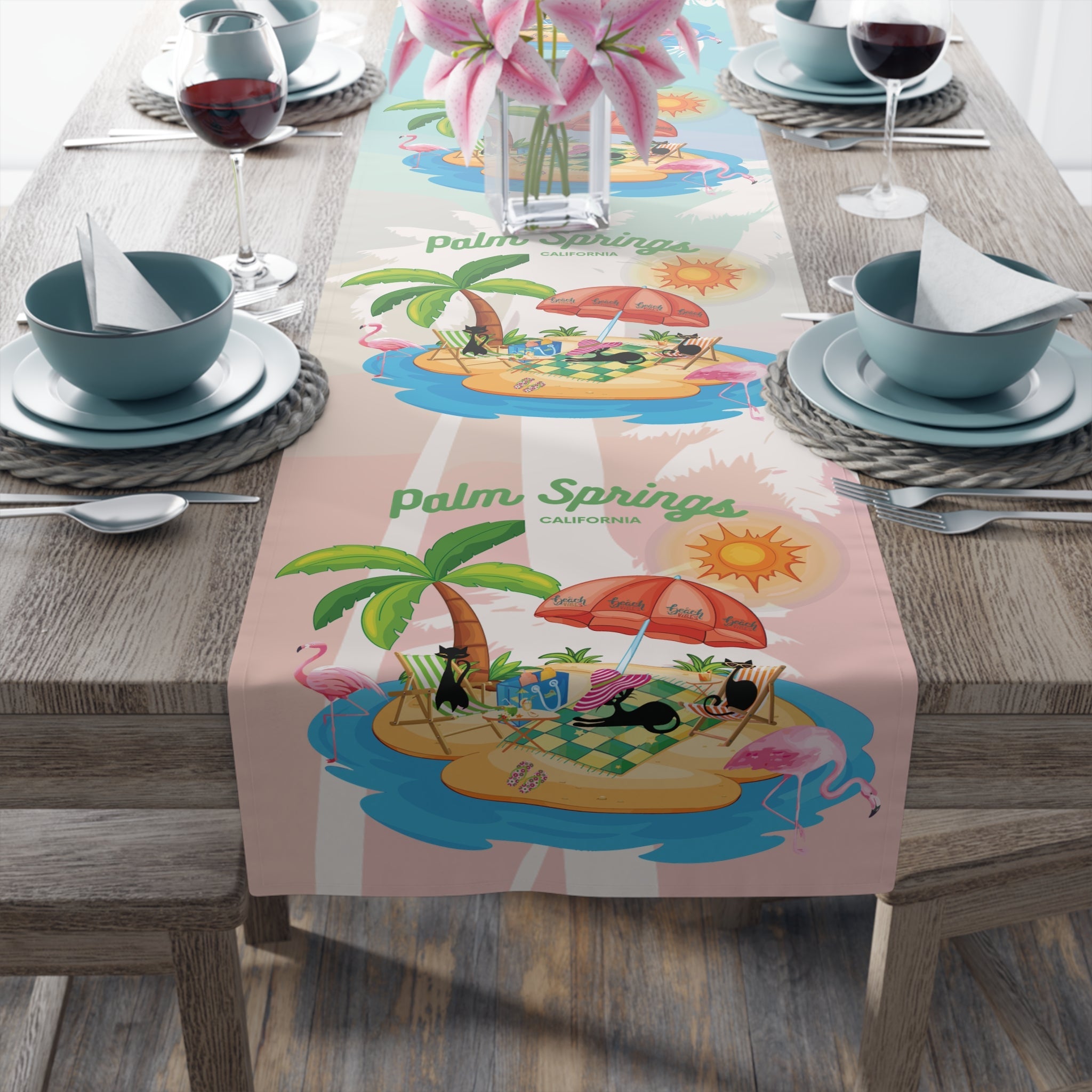 Kate McEnroe New York Palm Springs Mid Century Table Runner, Retro Tropical Beach Dining Accent, 50s Flamingo MCM DecorTable Runners18571732773356209916