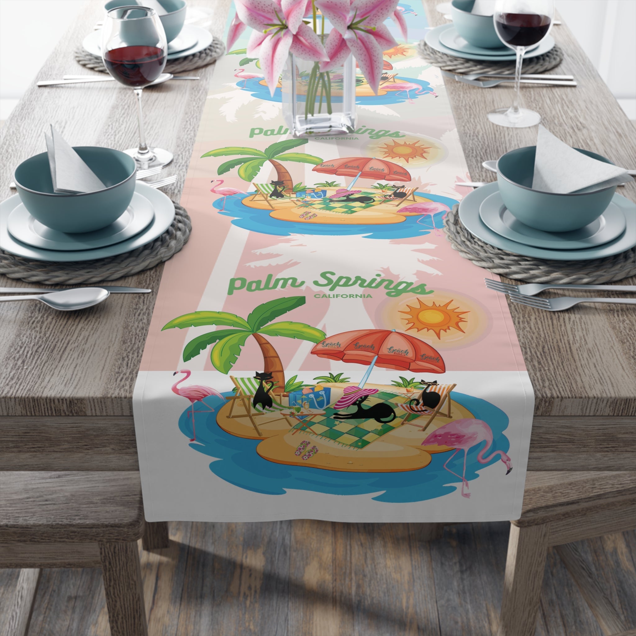 Kate McEnroe New York Palm Springs Mid Century Table Runner, Retro Tropical Beach Dining Accent, 50s Flamingo MCM DecorTable Runners18571732773356209916