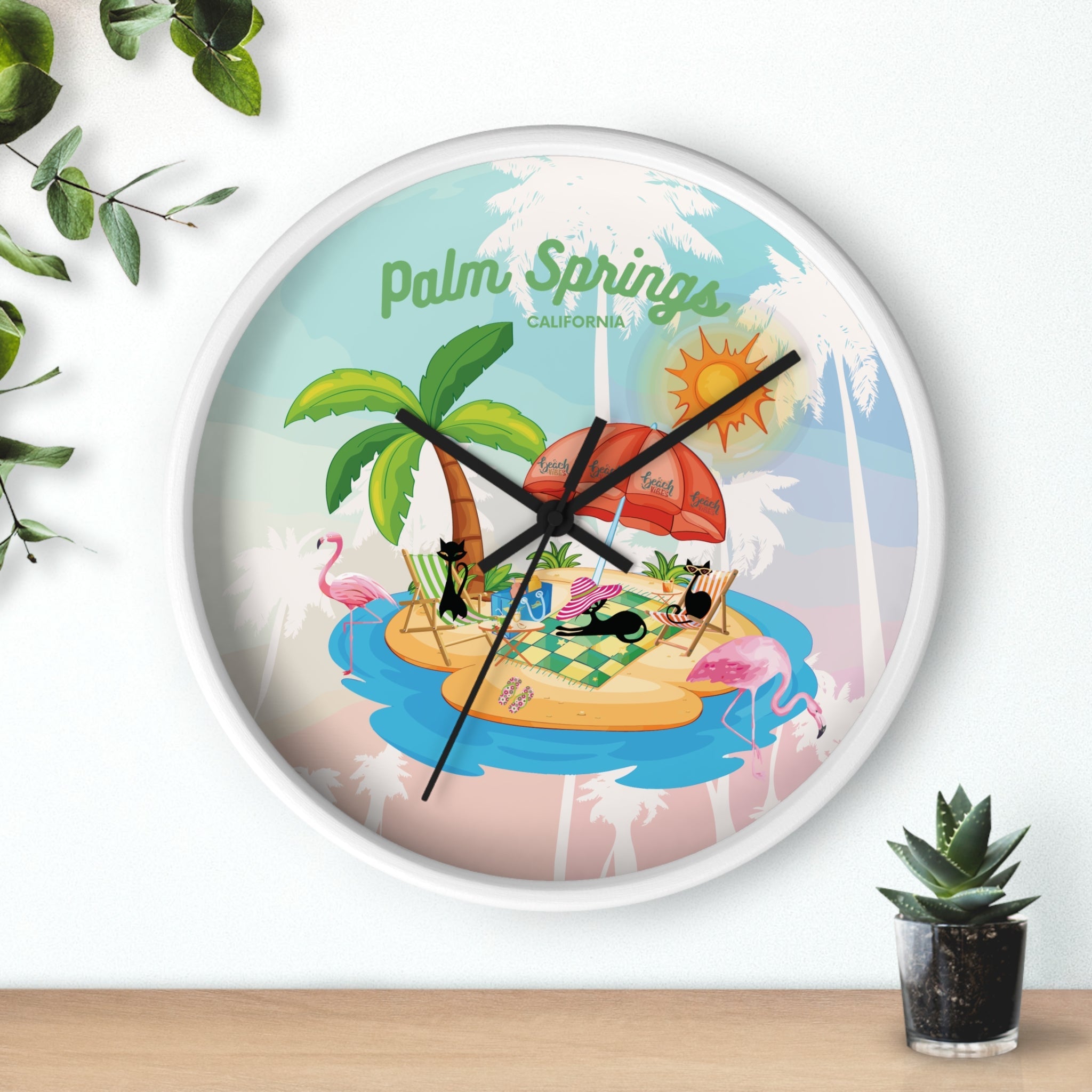 Kate McEnroe New York Palm Springs Mid Century Wall Clock, Retro 50s Tropical Beach Decor, Atomic Cat Flamingo TimepieceWall Clocks13913204995652198852