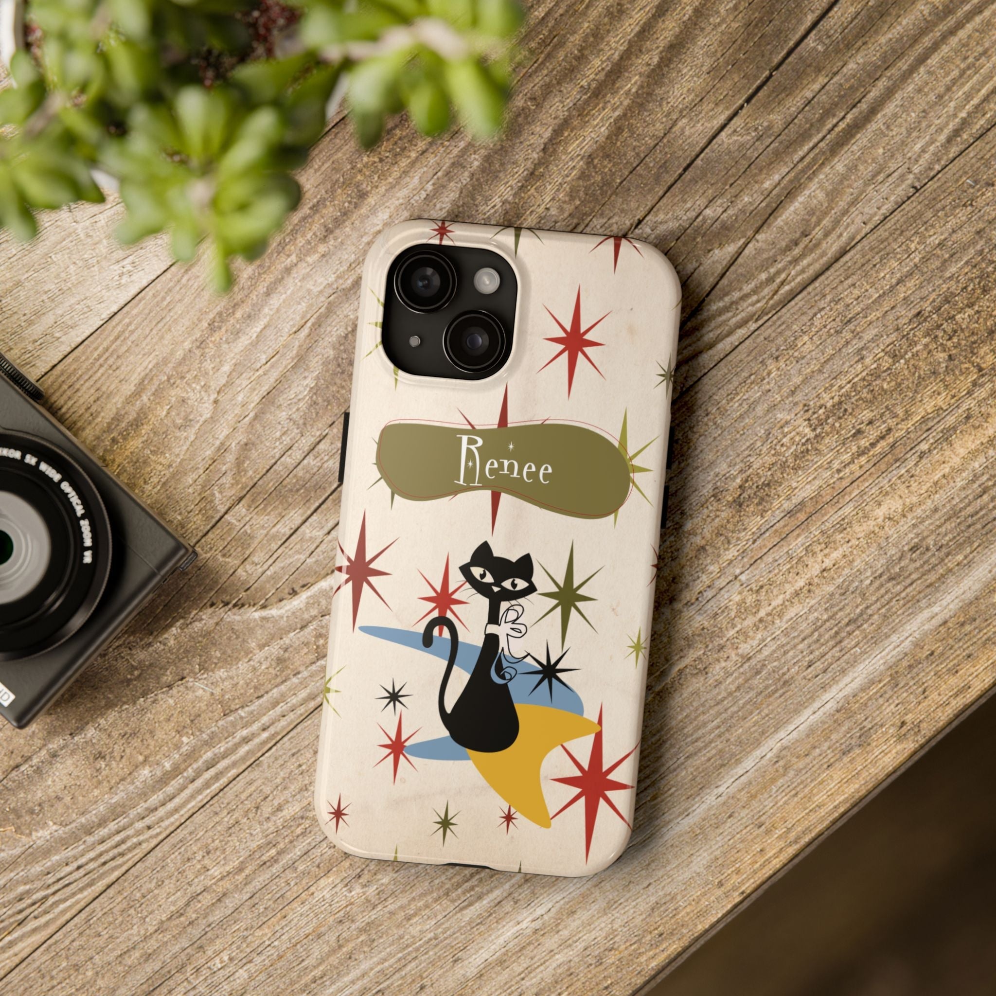 Kate McEnroe New York Personalized Atomic Cat Tough IPhone 14 & 15 Cases, Mid Century Modern, Retro Kitschy Starburst, Christmas Gifts, MCM Holiday GiftPhone Case14686136428983765893
