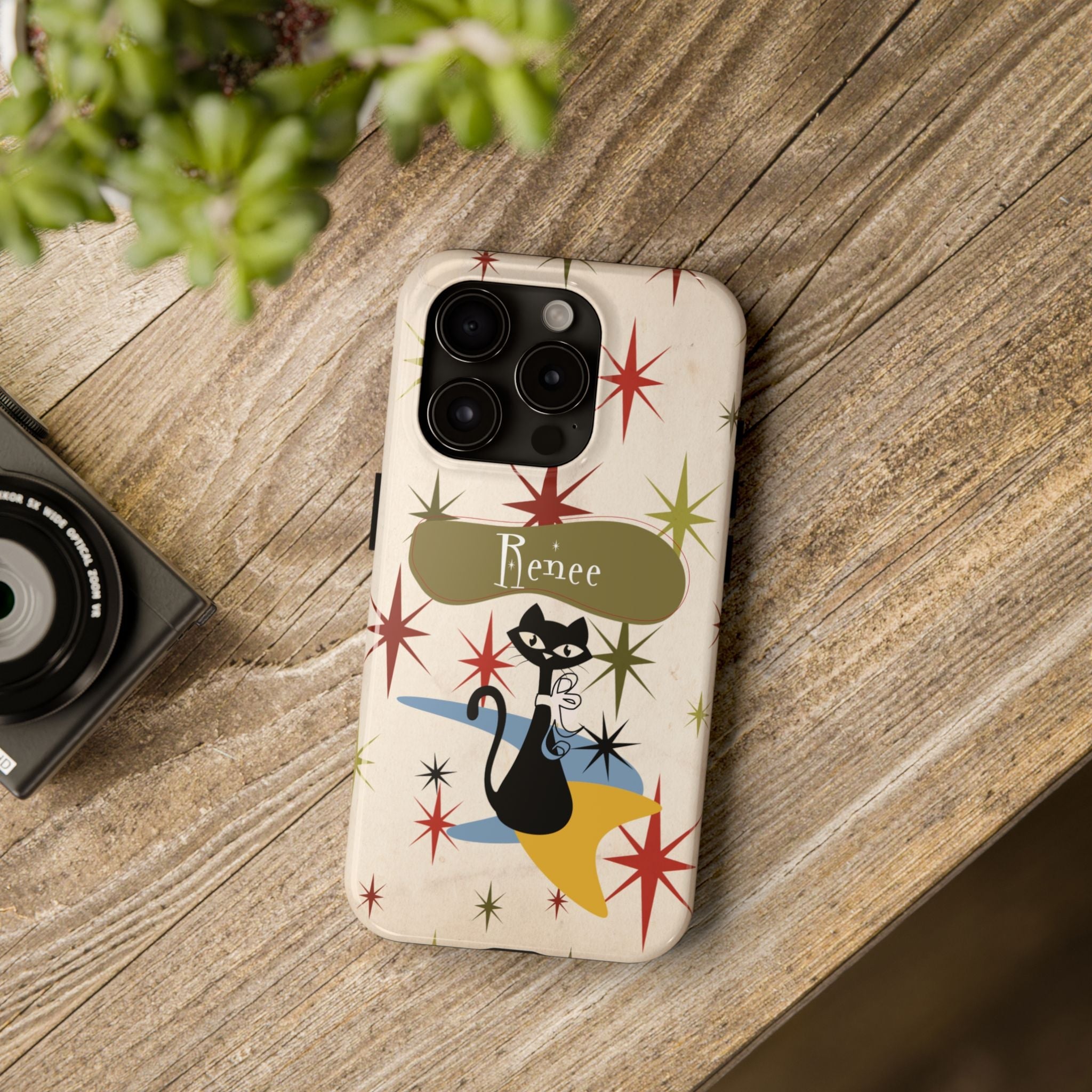 Kate McEnroe New York Personalized Atomic Cat Tough IPhone 14 & 15 Cases, Mid Century Modern, Retro Kitschy Starburst, Christmas Gifts, MCM Holiday GiftPhone Case16092713103491615224