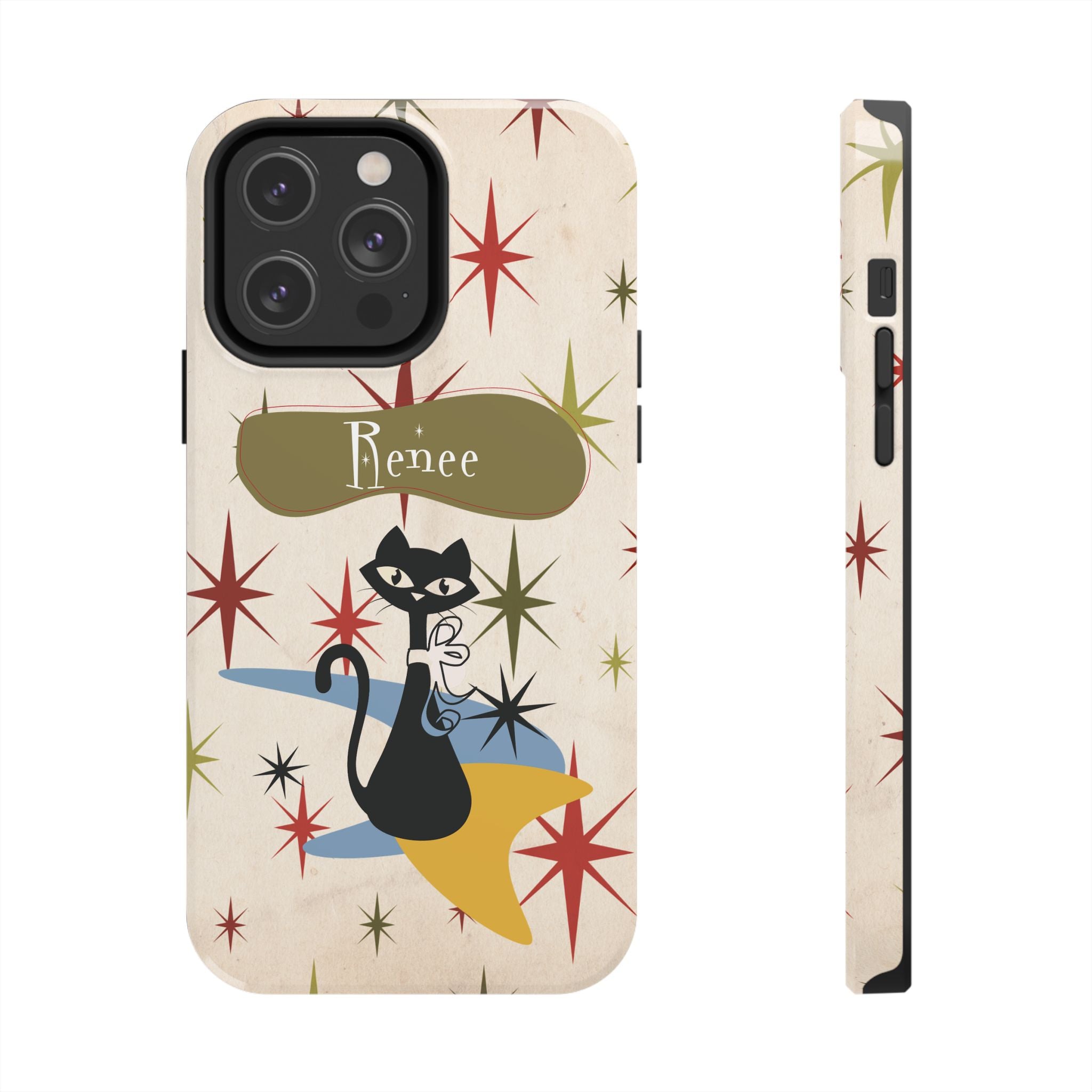 Kate McEnroe New York Personalized Atomic Cat Tough IPhone 14 & 15 Cases, Mid Century Modern, Retro Kitschy Starburst, Christmas Gifts, MCM Holiday GiftPhone Case19471766072023827413