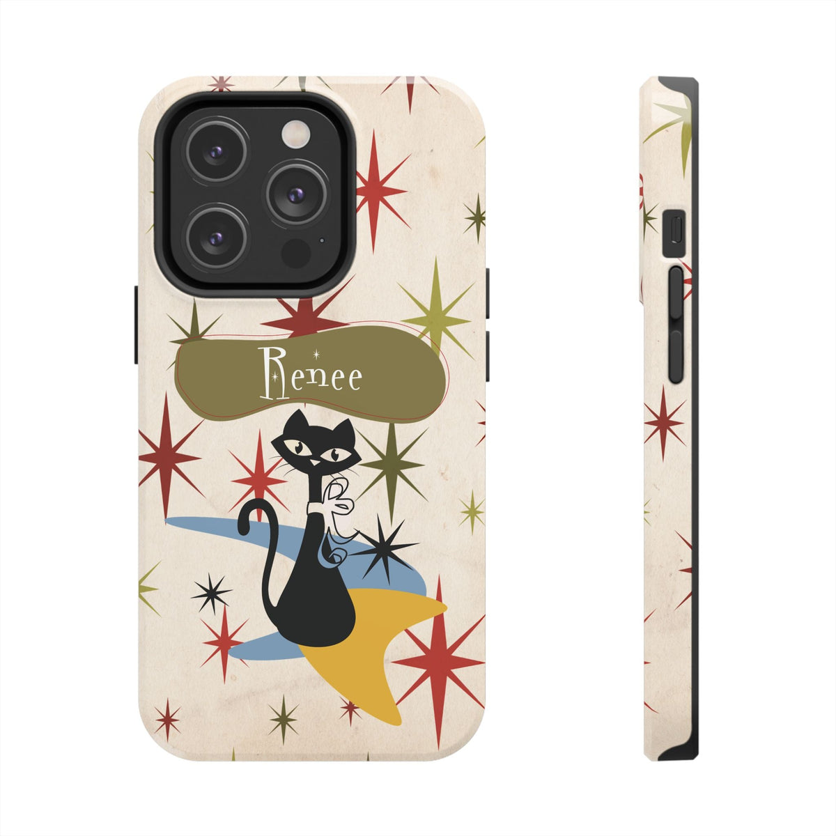 Kate McEnroe New York Personalized Atomic Cat Tough IPhone 14 & 15 Cases, Mid Century Modern, Retro Kitschy Starburst, Christmas Gifts, MCM Holiday GiftPhone Case30889377935570072078