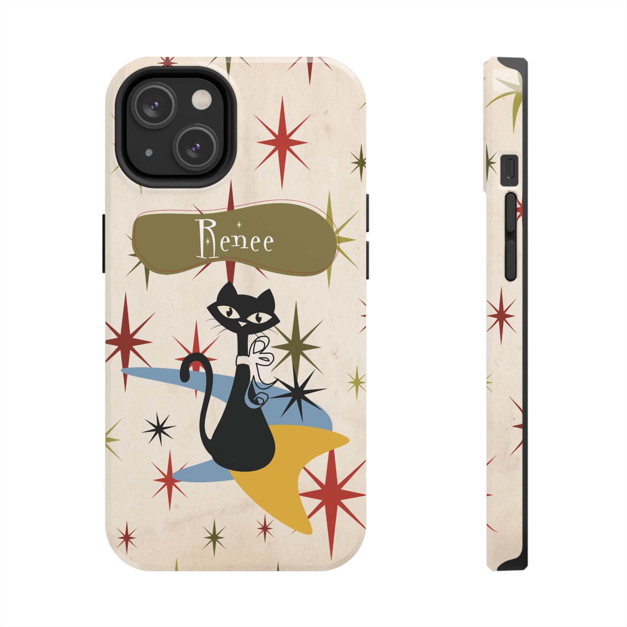 Kate McEnroe New York Personalized Atomic Cat Tough IPhone 14 & 15 Cases, Mid Century Modern, Retro Kitschy Starburst, Christmas Gifts, MCM Holiday GiftPhone Case87596840823674667854