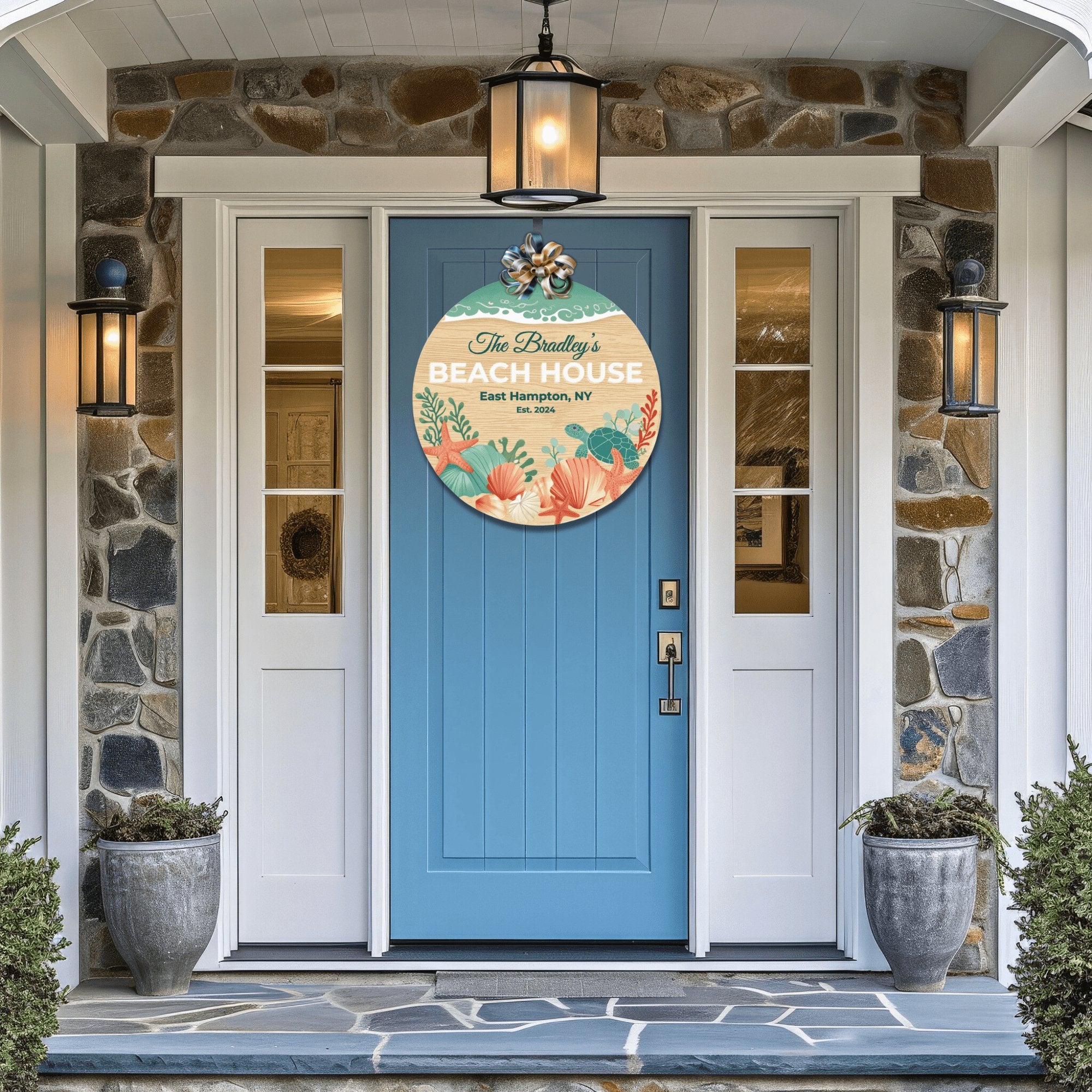 Kate McEnroe New York Personalized Beach House Door Sign, Coastal Welcome Wood Entry Hanger 12" (Round)Door HangersPMH58 - 12.2460822