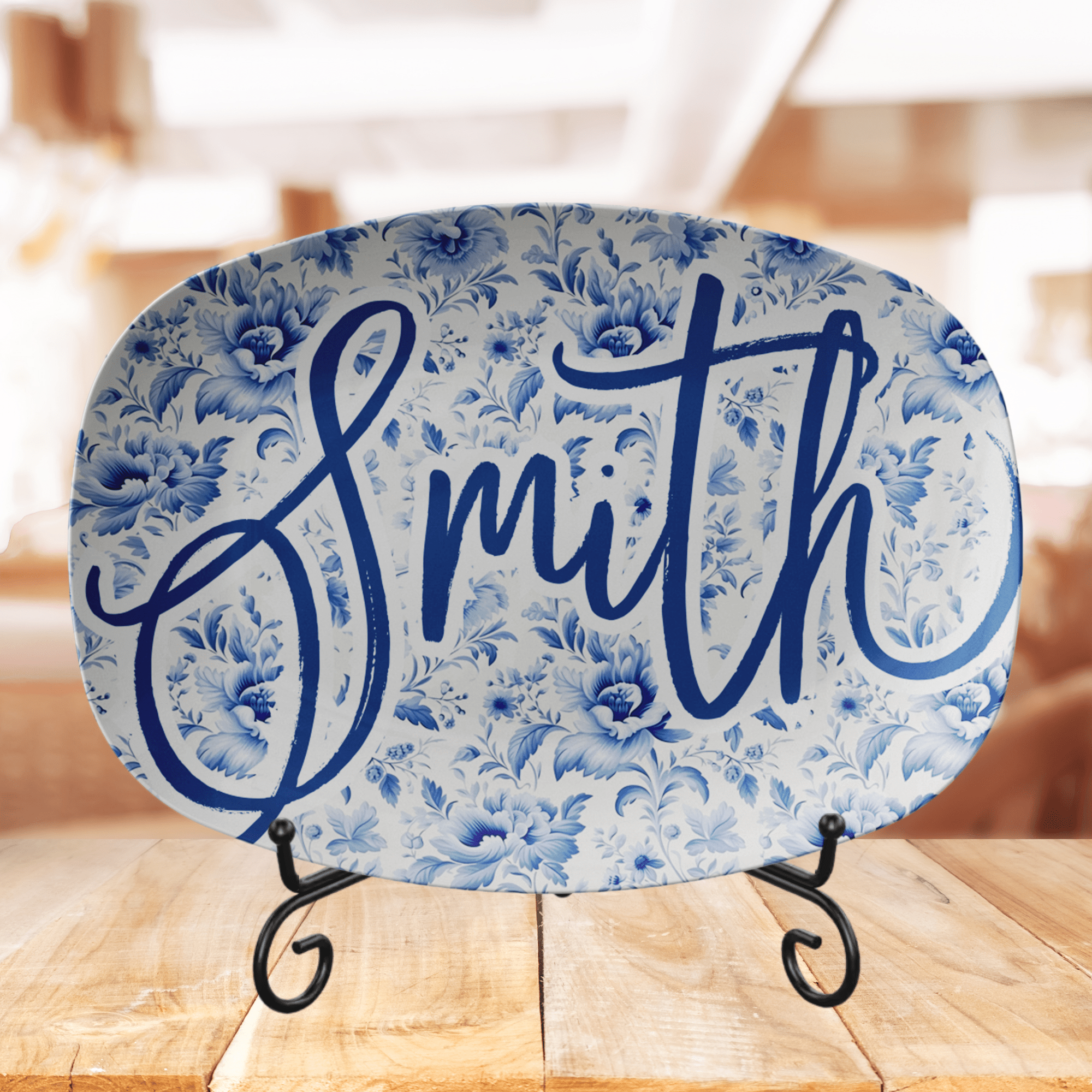 Kate McEnroe New York Personalized Blue Chinoiserie Family Name Platter, Custom Farmhouse Serving TrayServing PlattersCHISCPPLT2