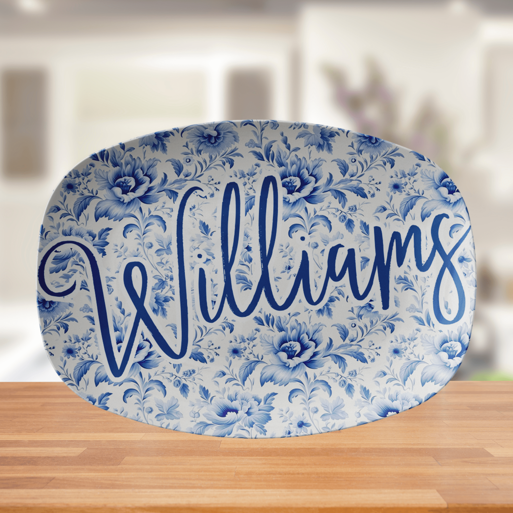 Kate McEnroe New York Personalized Blue Chinoiserie Family Name Platter, Custom Farmhouse Serving TrayServing PlattersCHISCPPLT2