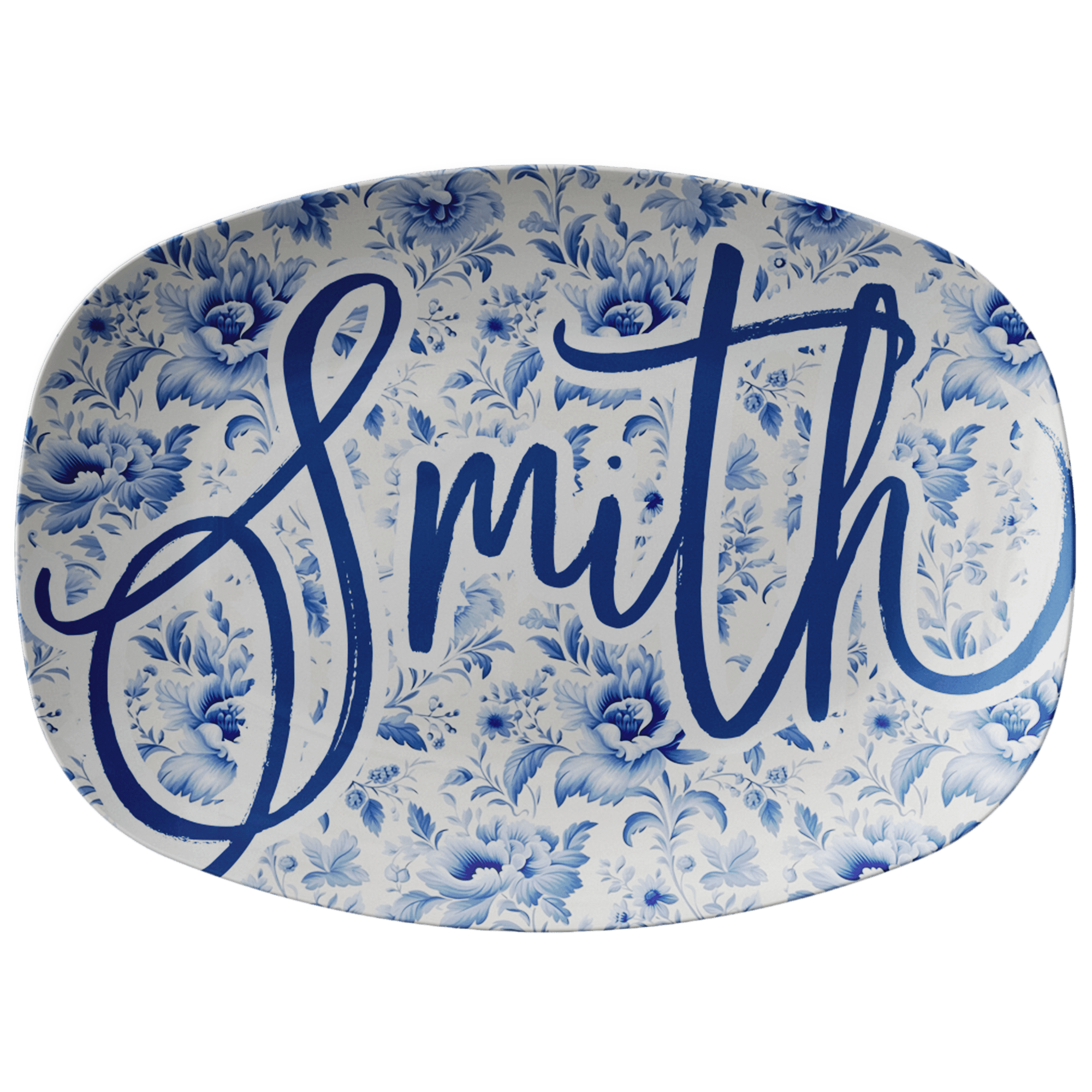 Kate McEnroe New York Personalized Blue Chinoiserie Family Name Platter, Custom Farmhouse Serving TrayServing PlattersCHISCPPLT2