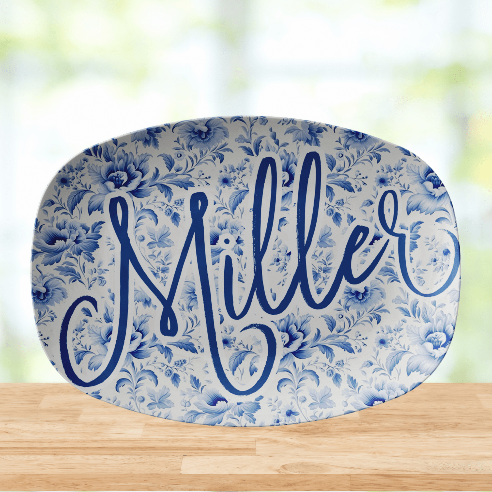 Kate McEnroe New York Personalized Blue Chinoiserie Family Name Platter, Custom Farmhouse Serving TrayServing PlattersCHISCPPLT2