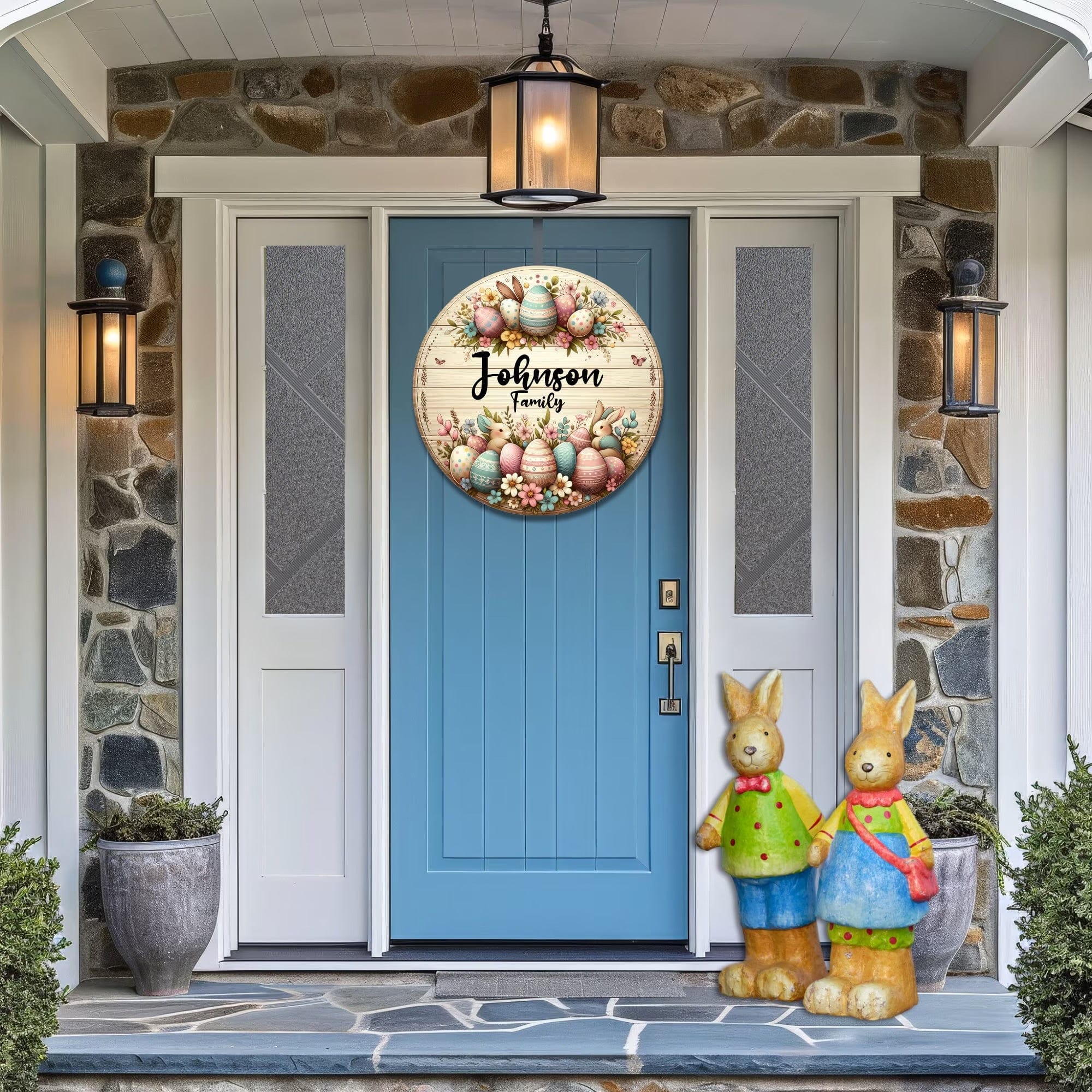 Kate McEnroe New York Personalized Easter Door Hanger, Custom Easter Bunny Wooden Door Sign, Farmhouse Rustic Family Front Door Decor, Welcome Spring WreathDoor HangersPMH58 - 10.2536373