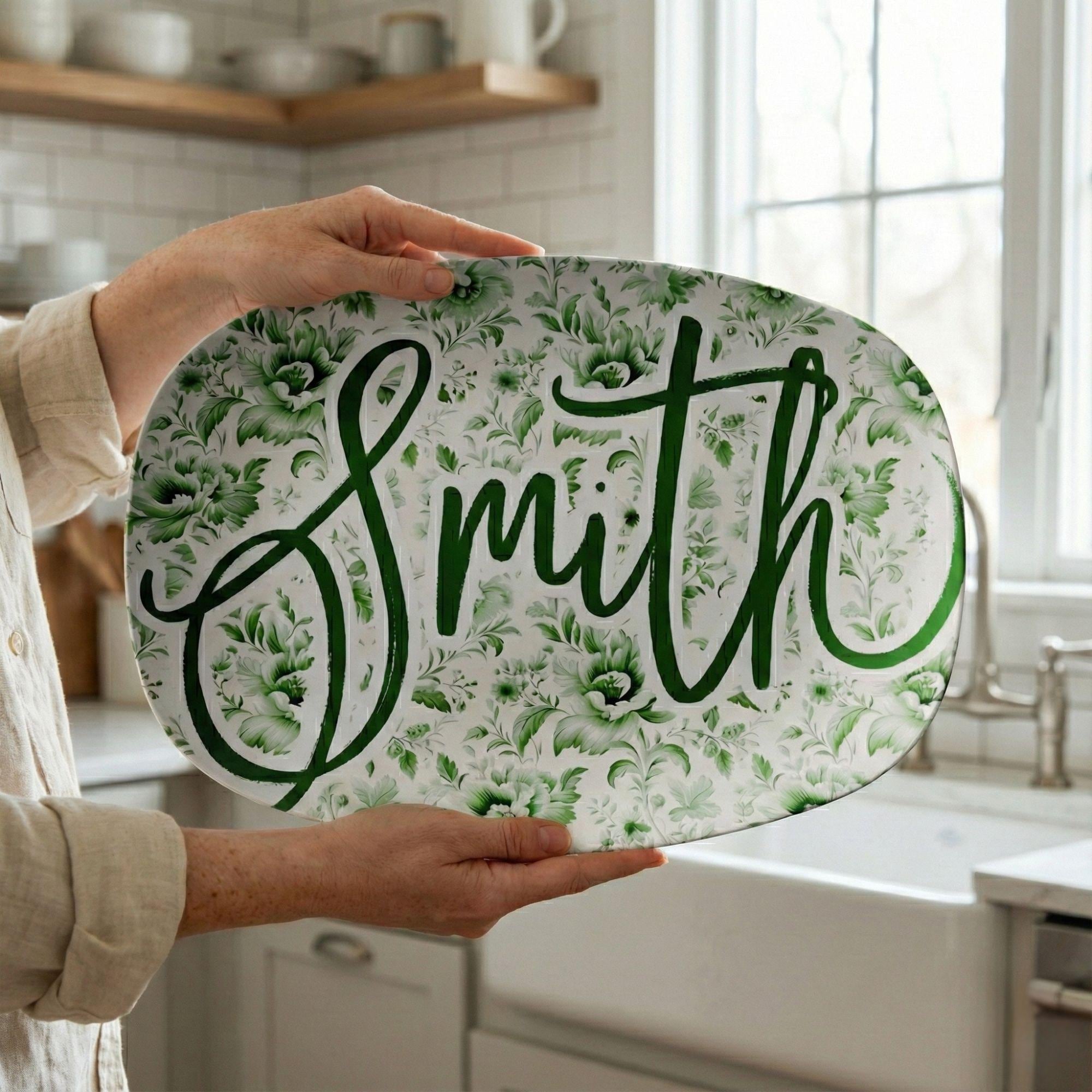 Kate McEnroe New York Personalized Green Chinoiserie Family Name Platter Custom Farmhouse Serving TrayServing PlattersCHISCPPLT2