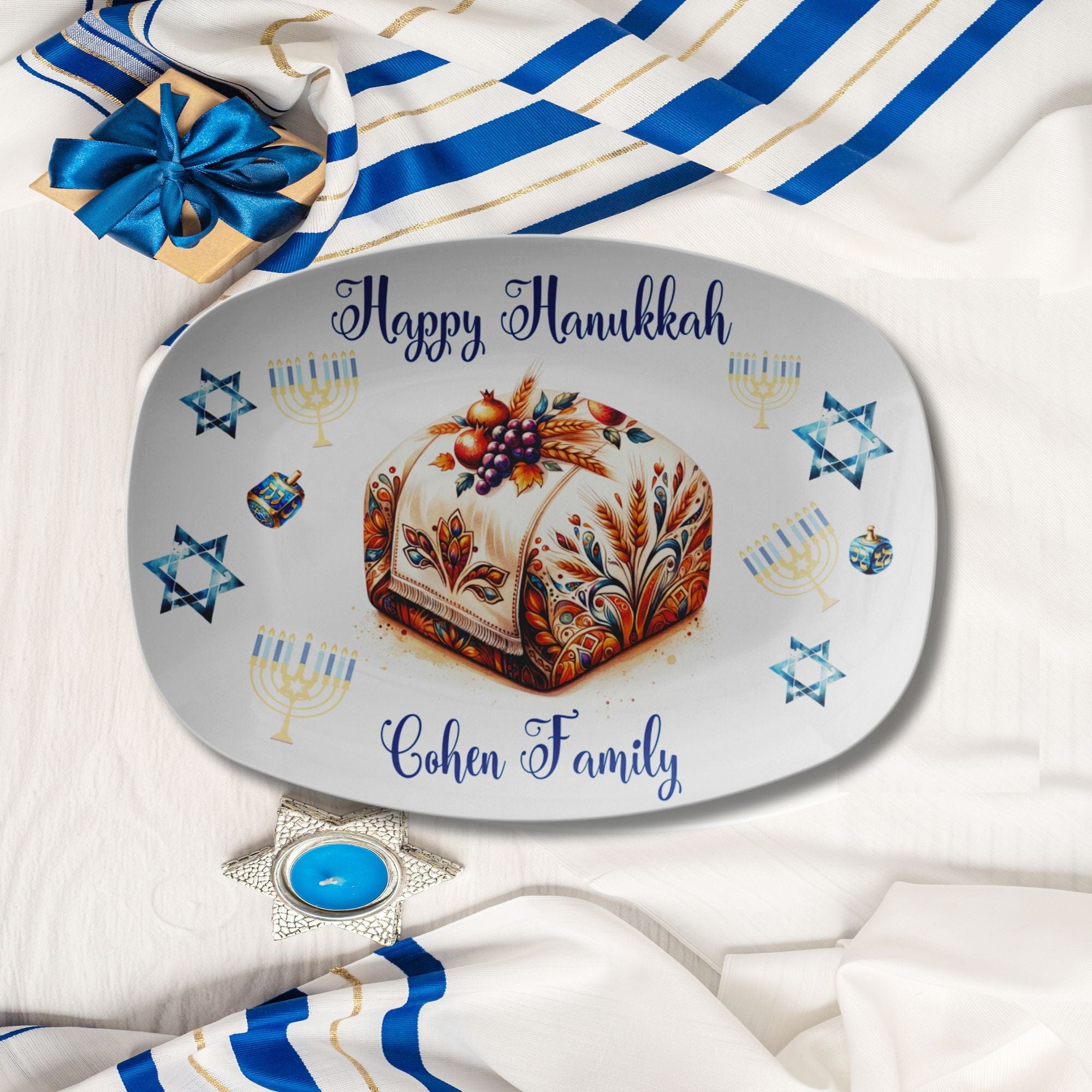 Kate McEnroe New York Personalized Hanukkah Platter, Custom Family Name Challah Tray, Festive Jewish Holiday Serving DishServing PlattersP23 - CHL - HAN - 2
