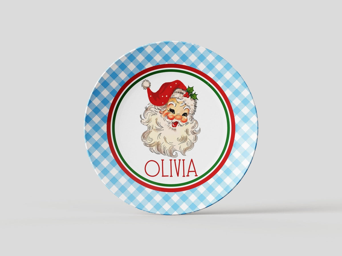 Kate McEnroe New York Personalized Kids Vintage Santa Gingham Dinner PlatePlatesPP2 - BLU - GNG - ST1