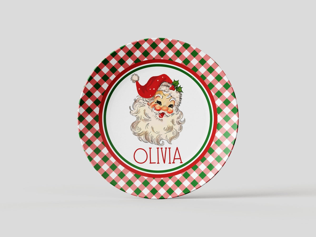 Kate McEnroe New York Personalized Kids Vintage Santa Gingham Dinner PlatePlatesPP2 - PNG - GNG - ST1
