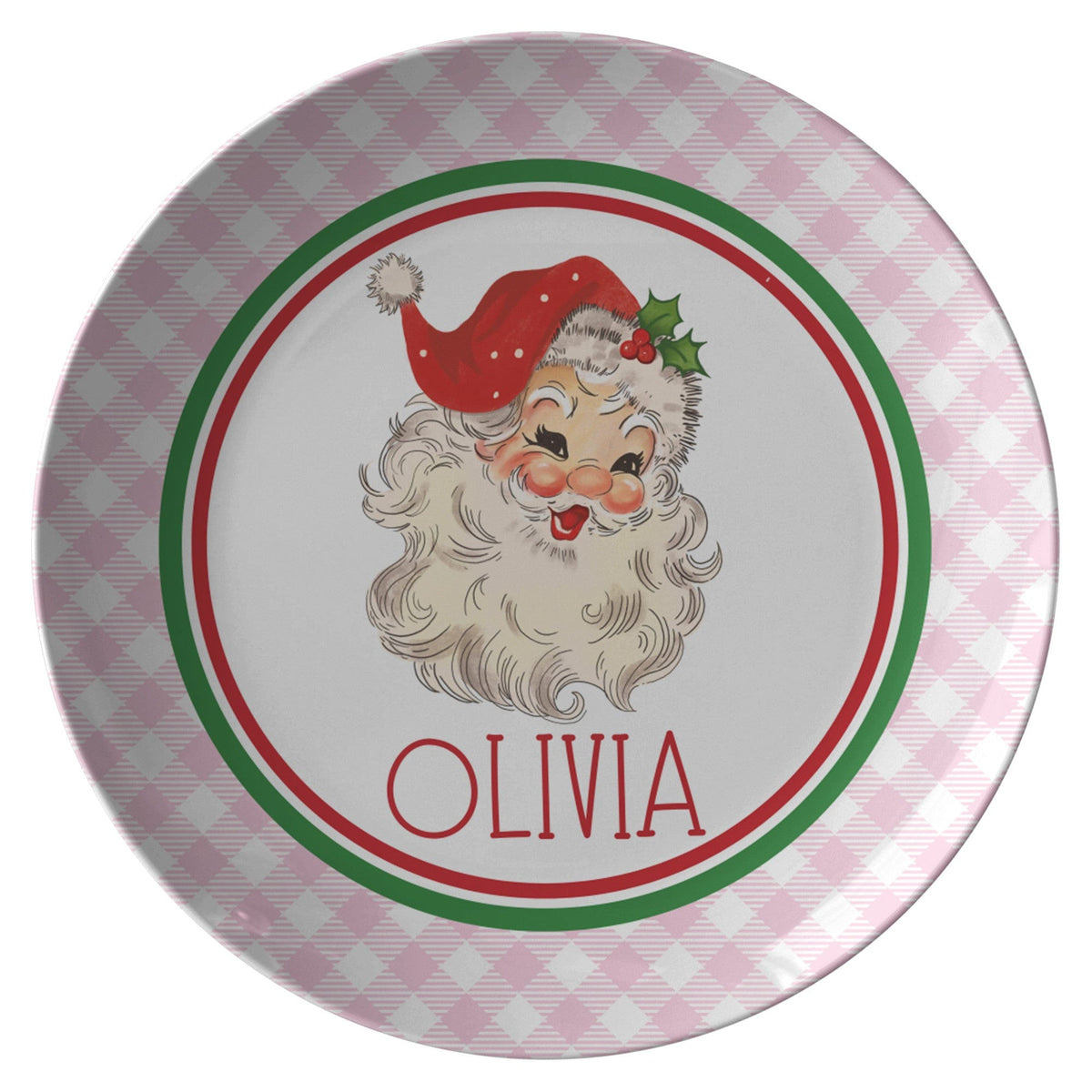 Kate McEnroe New York Personalized Kids Vintage Santa Gingham Dinner PlatePlatesPP2 - PNK - GNG - ST1