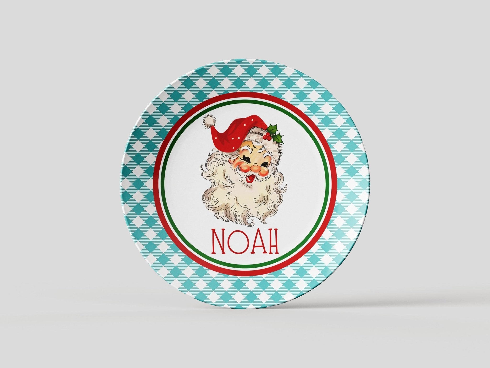 Kate McEnroe New York Personalized Kids Vintage Santa Gingham Dinner PlatePlatesPP2 - TEA - GNG - ST1